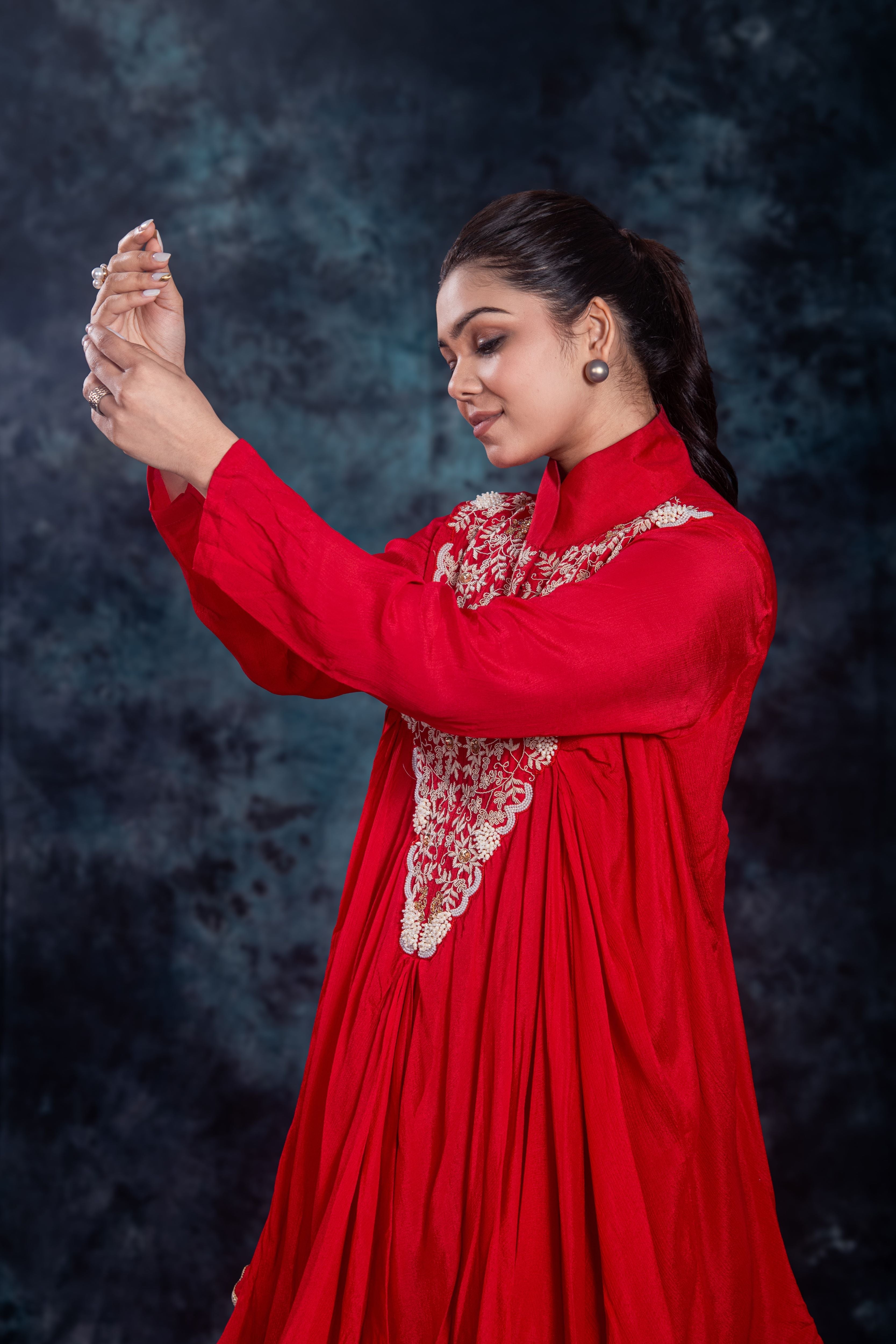 Red Embroidered Satin Silk Skirt Set