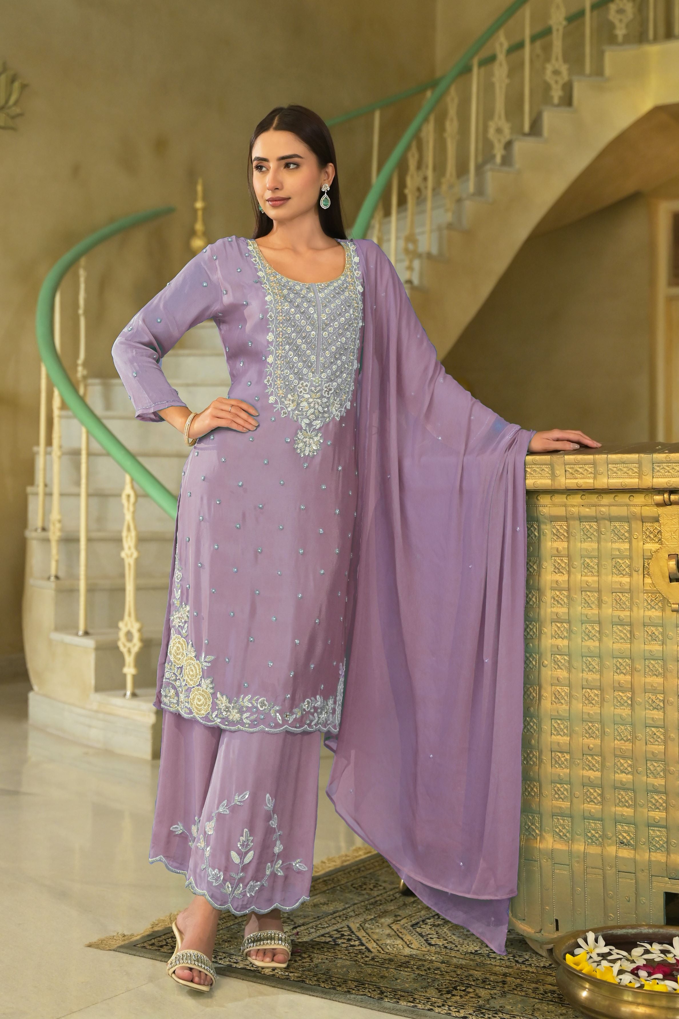 Light Lavender Embellished Chinon Silk Palazzo Set