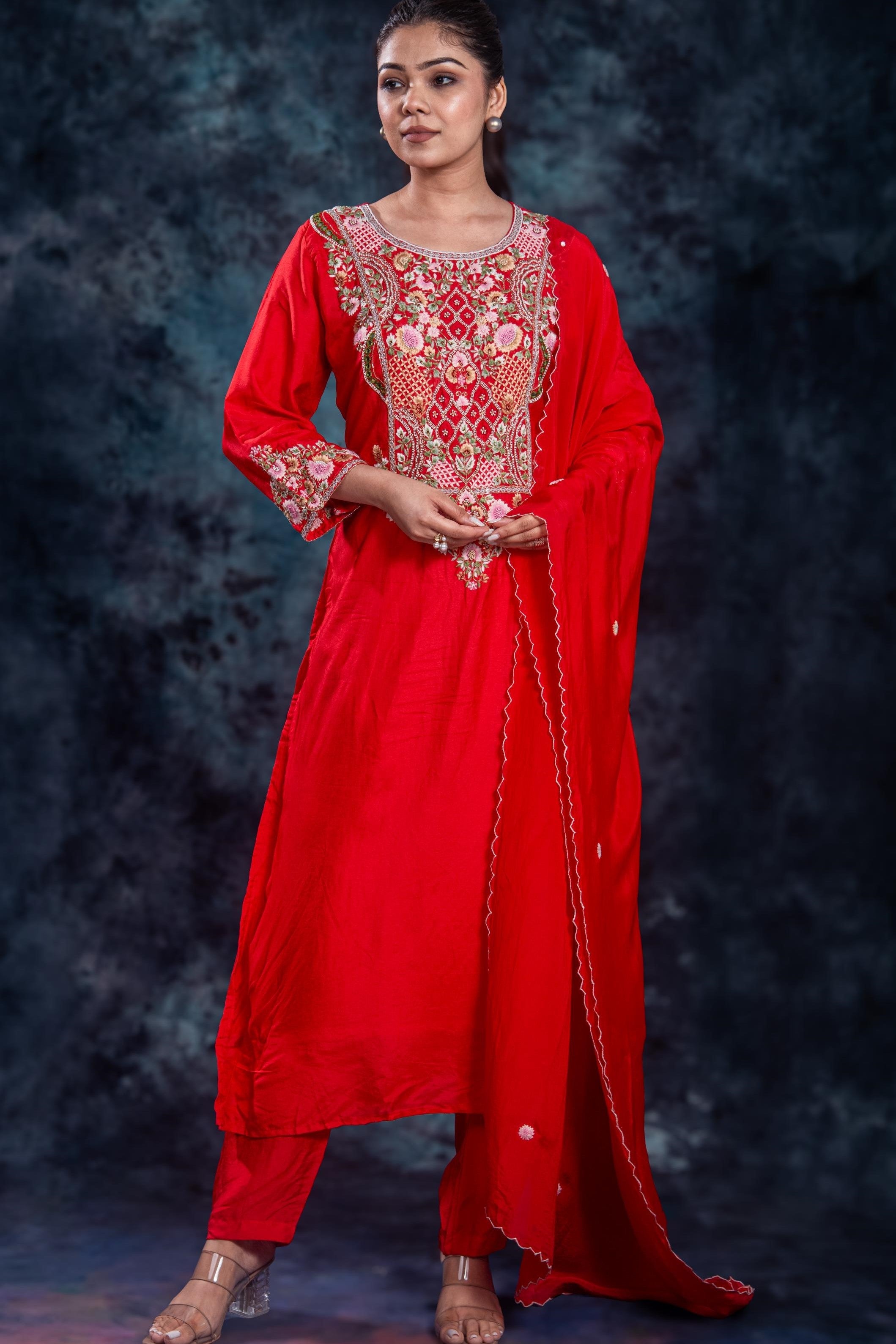 Red Embroidered Premium Silk Pants Set
