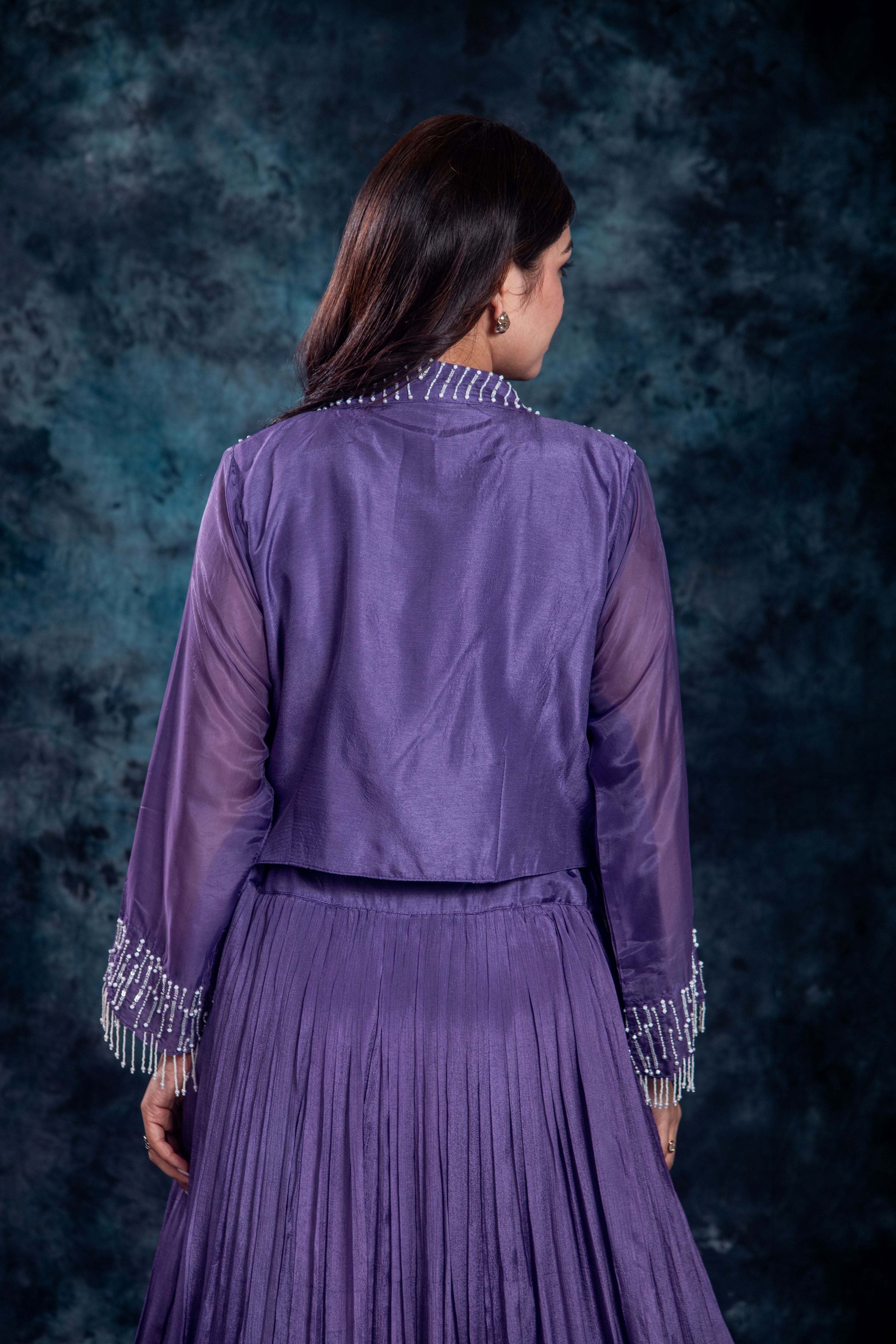 Purple Embellished Chinon Silk Skirt Set