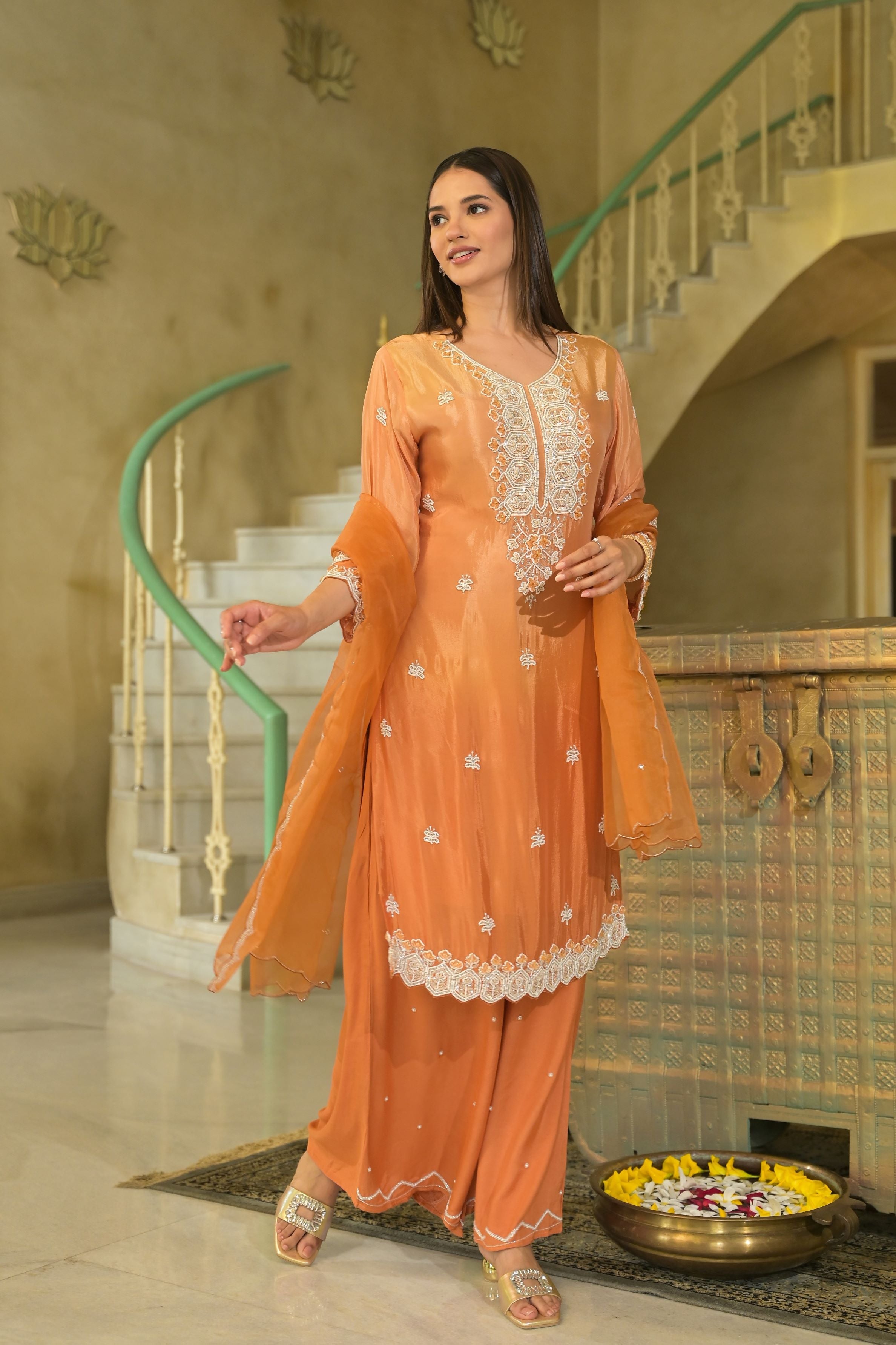 Royal Orange Embellished Chinon Silk Palazzo Set