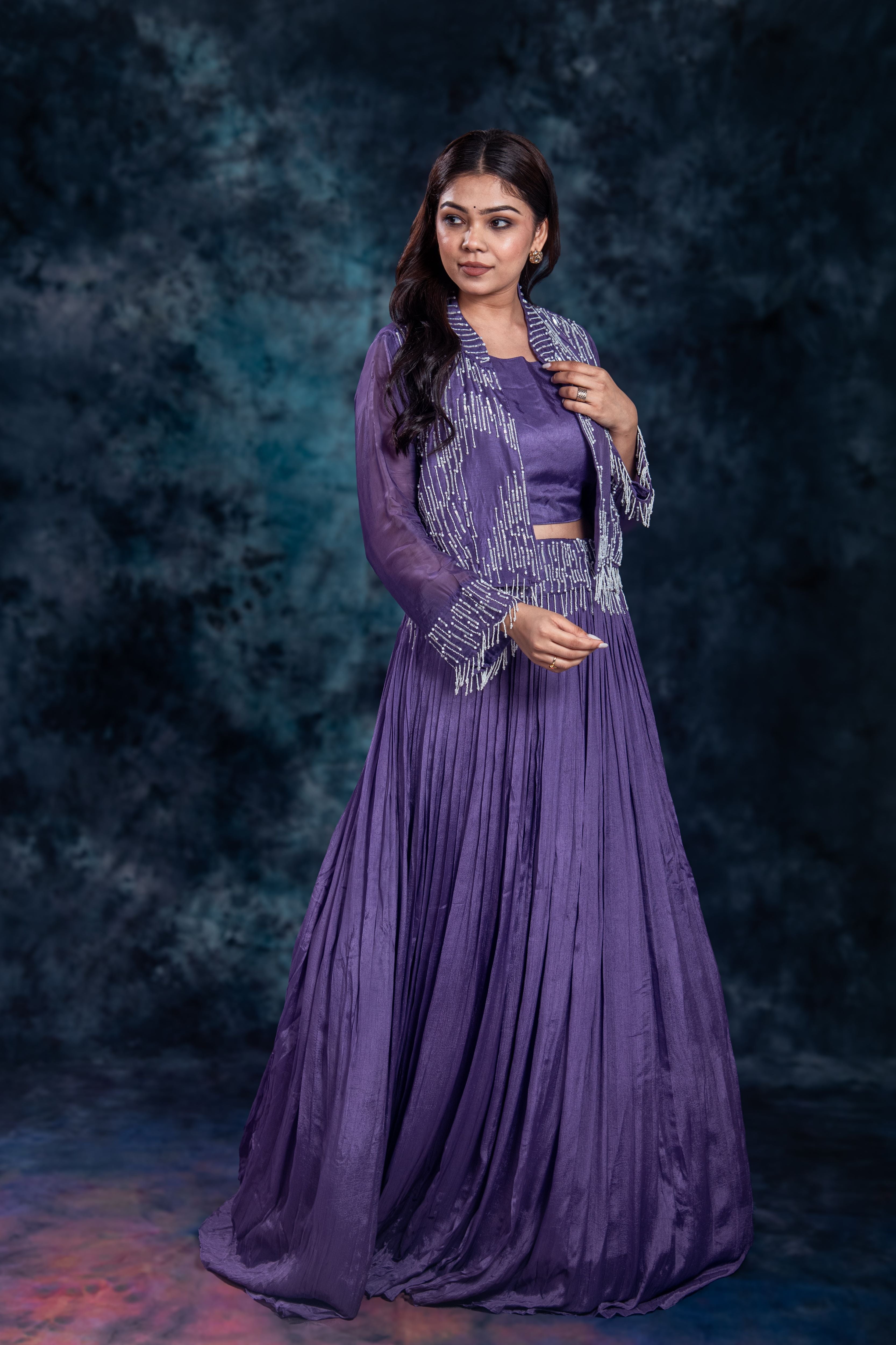 Purple Embellished Chinon Silk Skirt Set