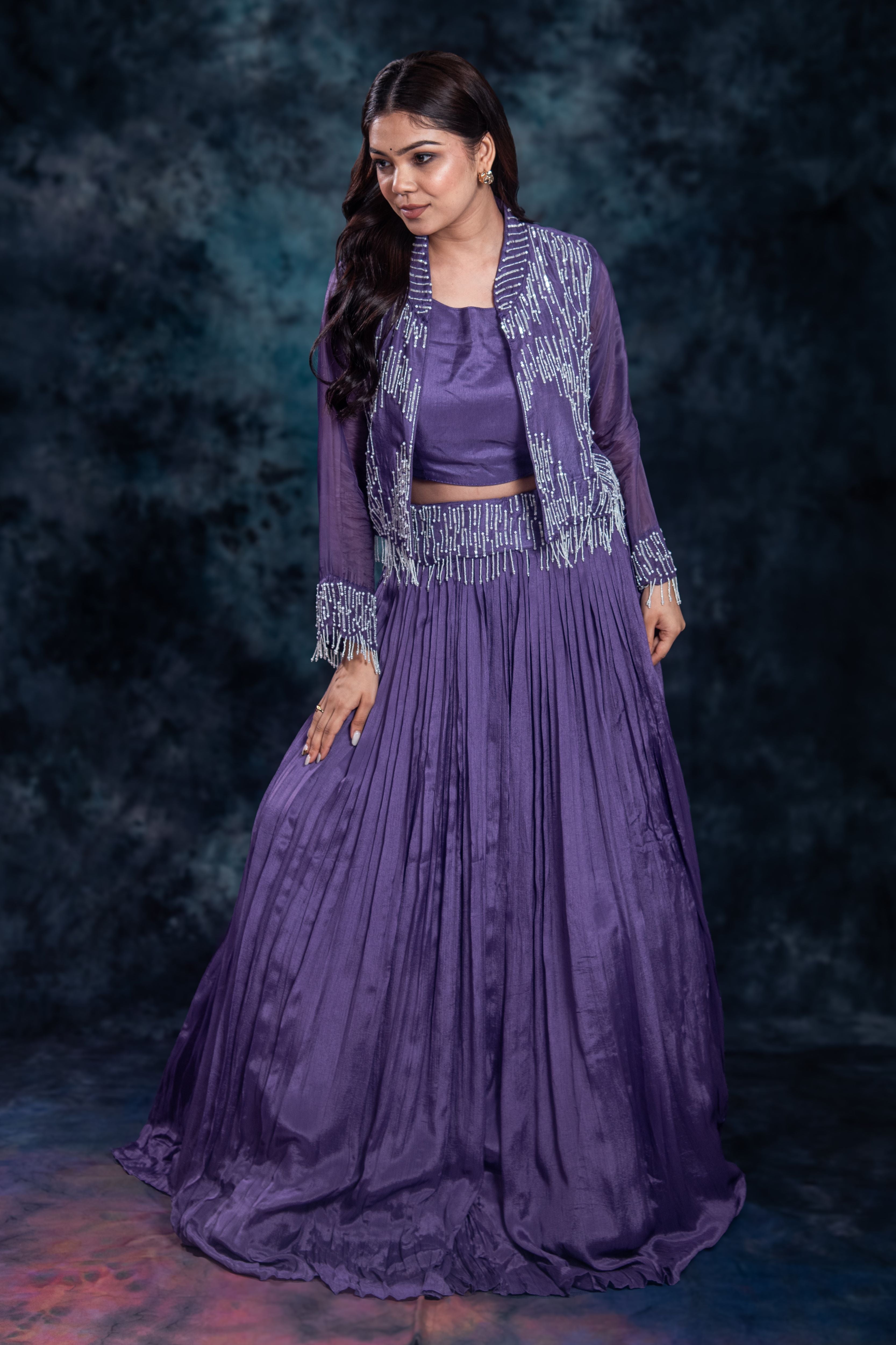 Purple Embellished Chinon Silk Skirt Set