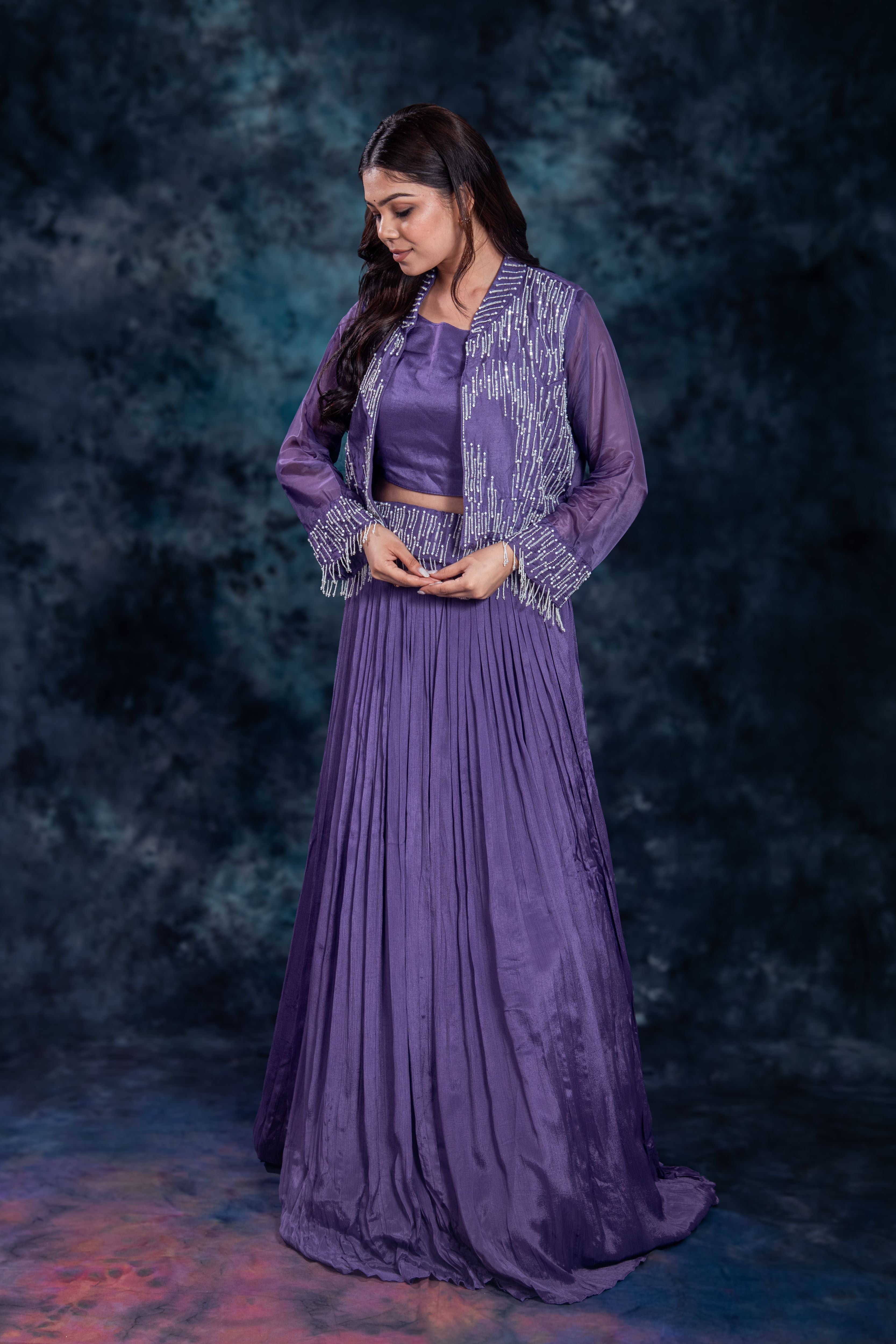 Purple Embellished Chinon Silk Skirt Set