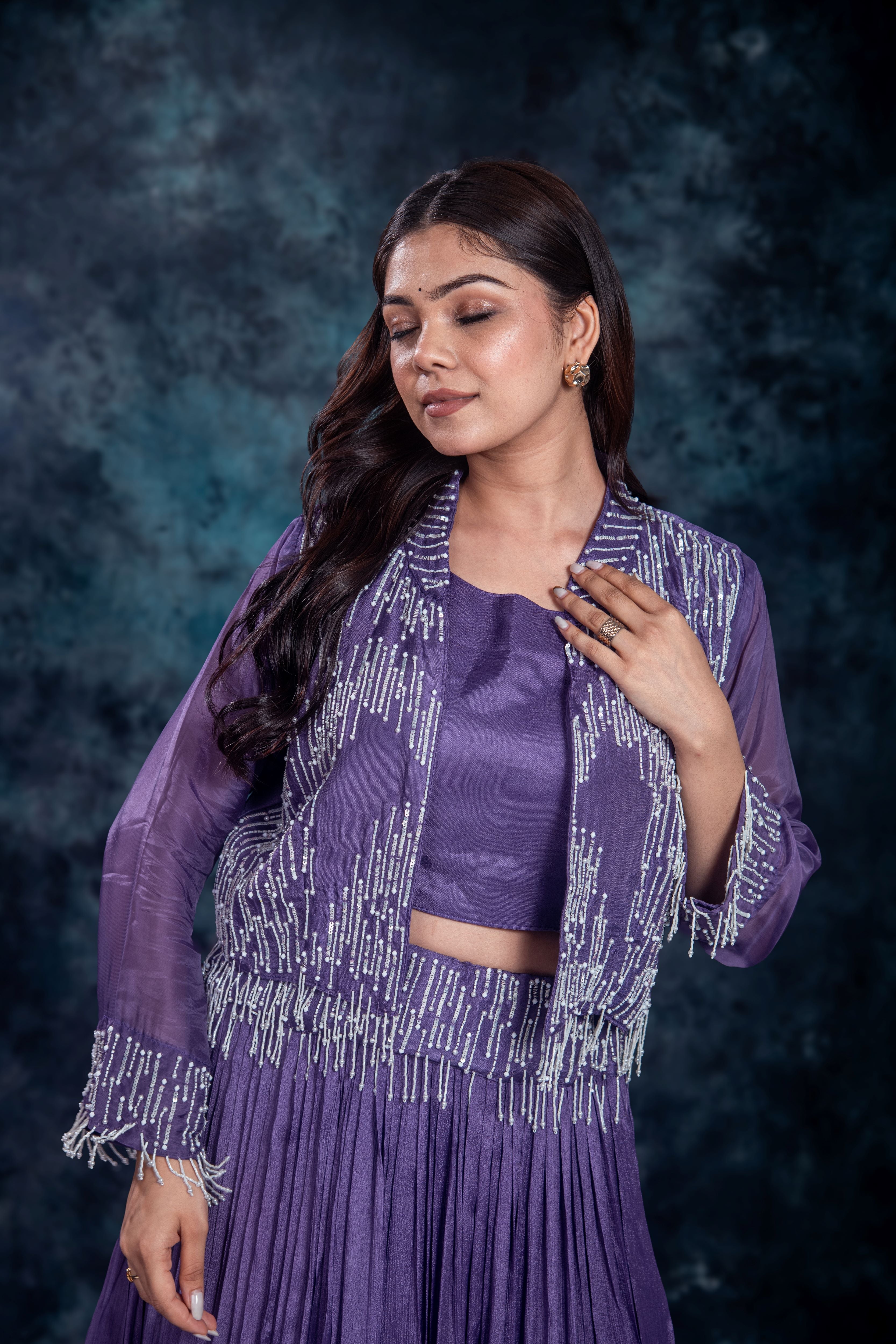 Purple Embellished Chinon Silk Skirt Set