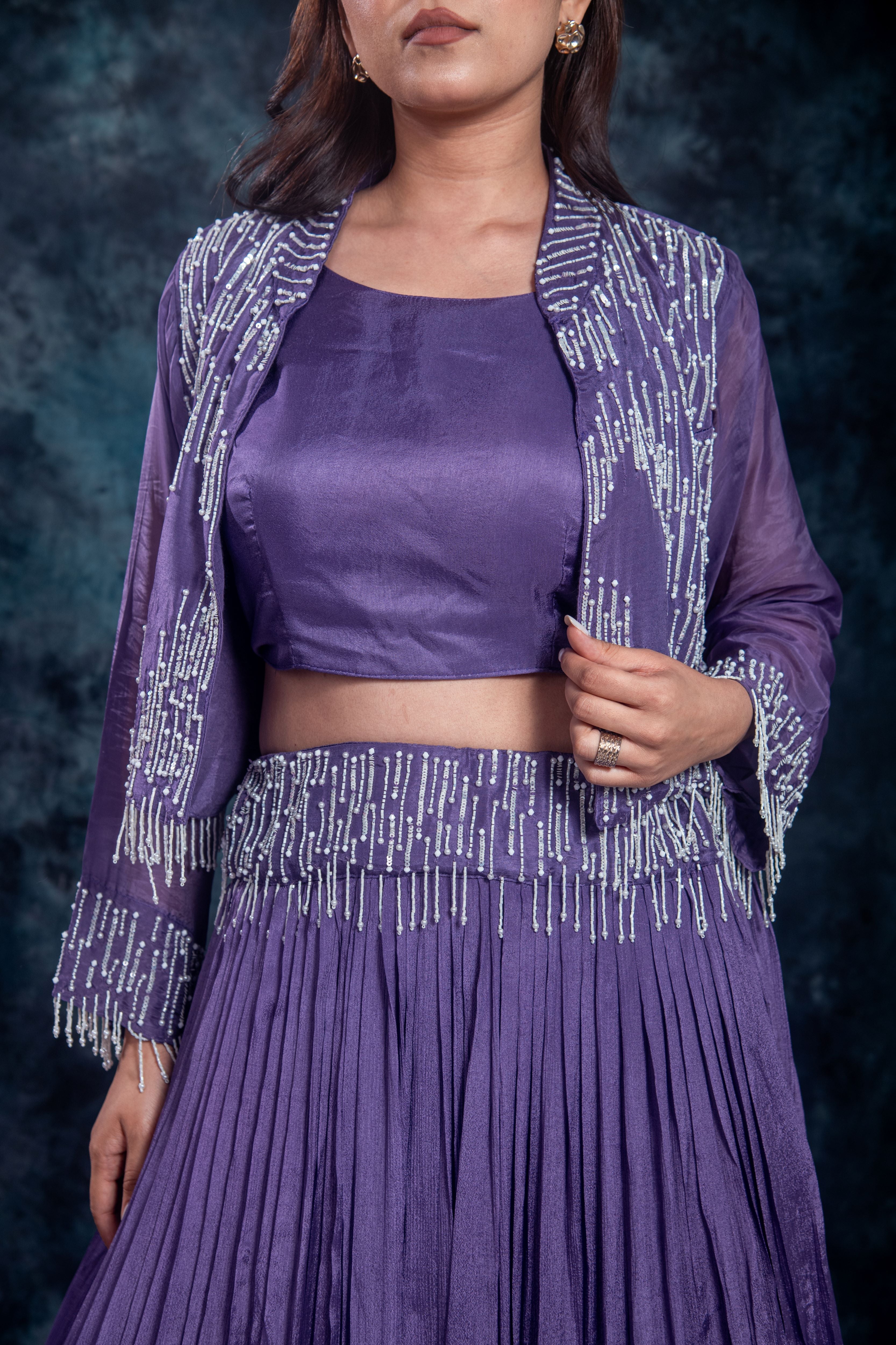 Purple Embellished Chinon Silk Skirt Set