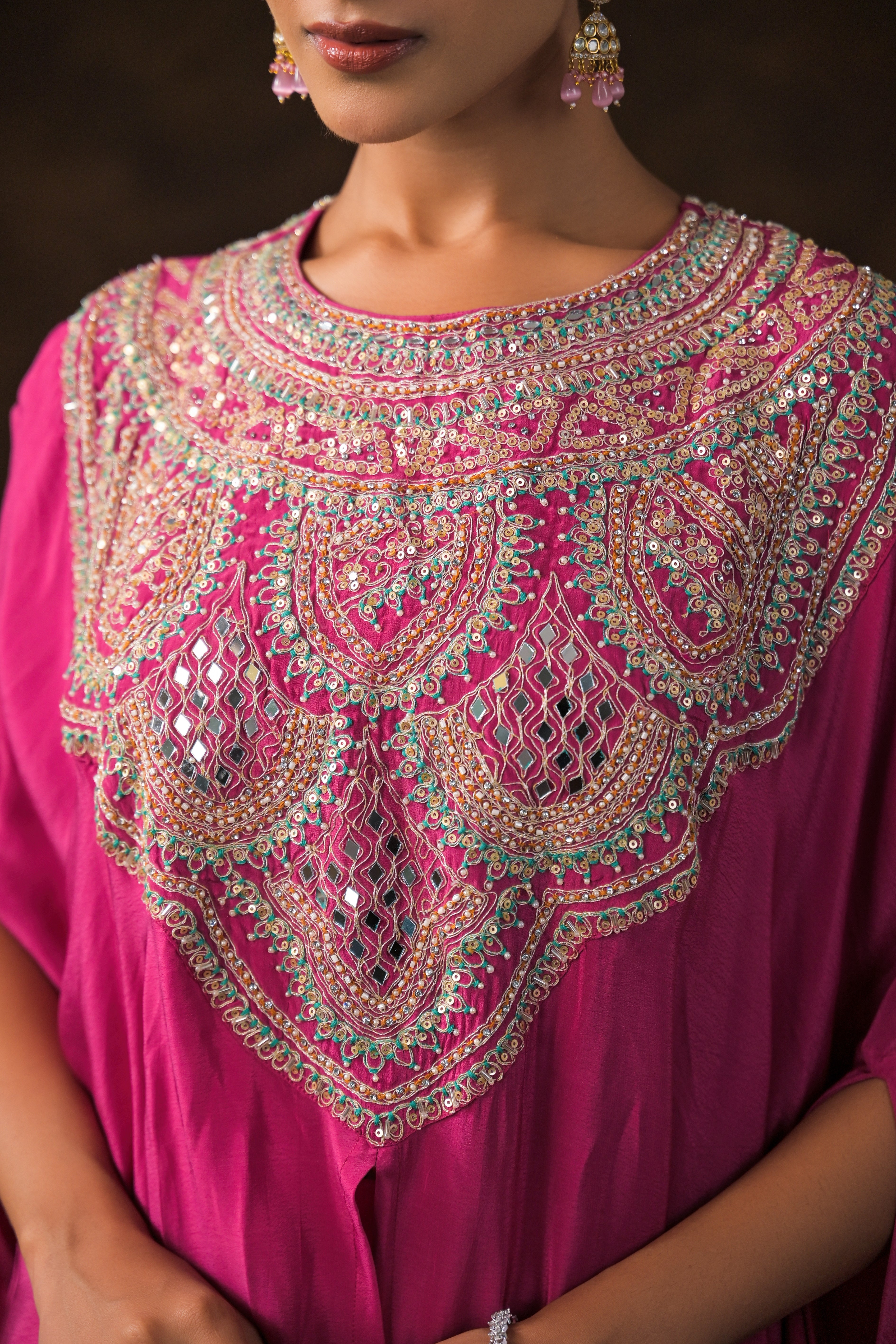 Queen Pink Embellished Premium Silk Kaftan Set
