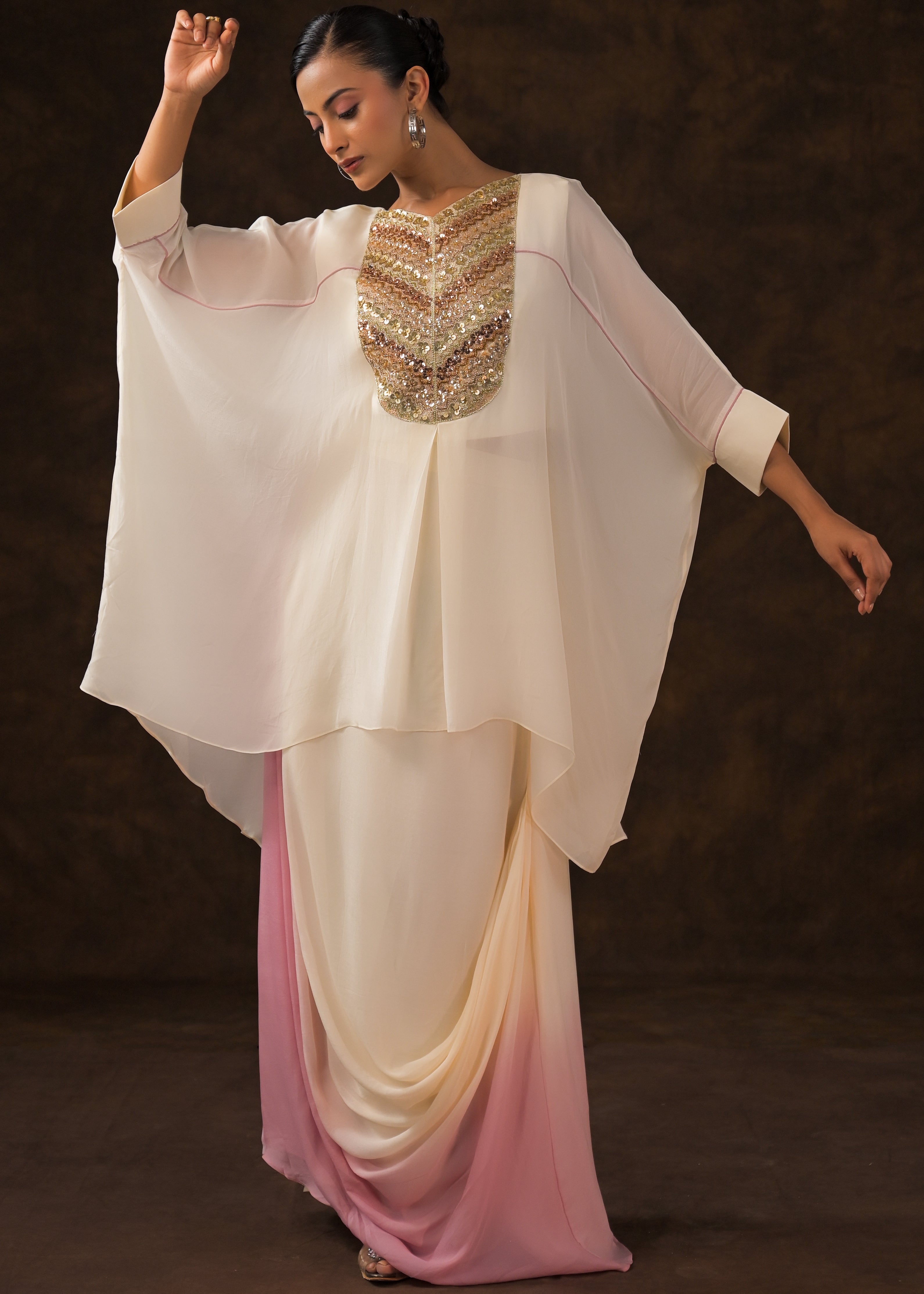 Off-White Embellished Chinon Silk Skirt Set