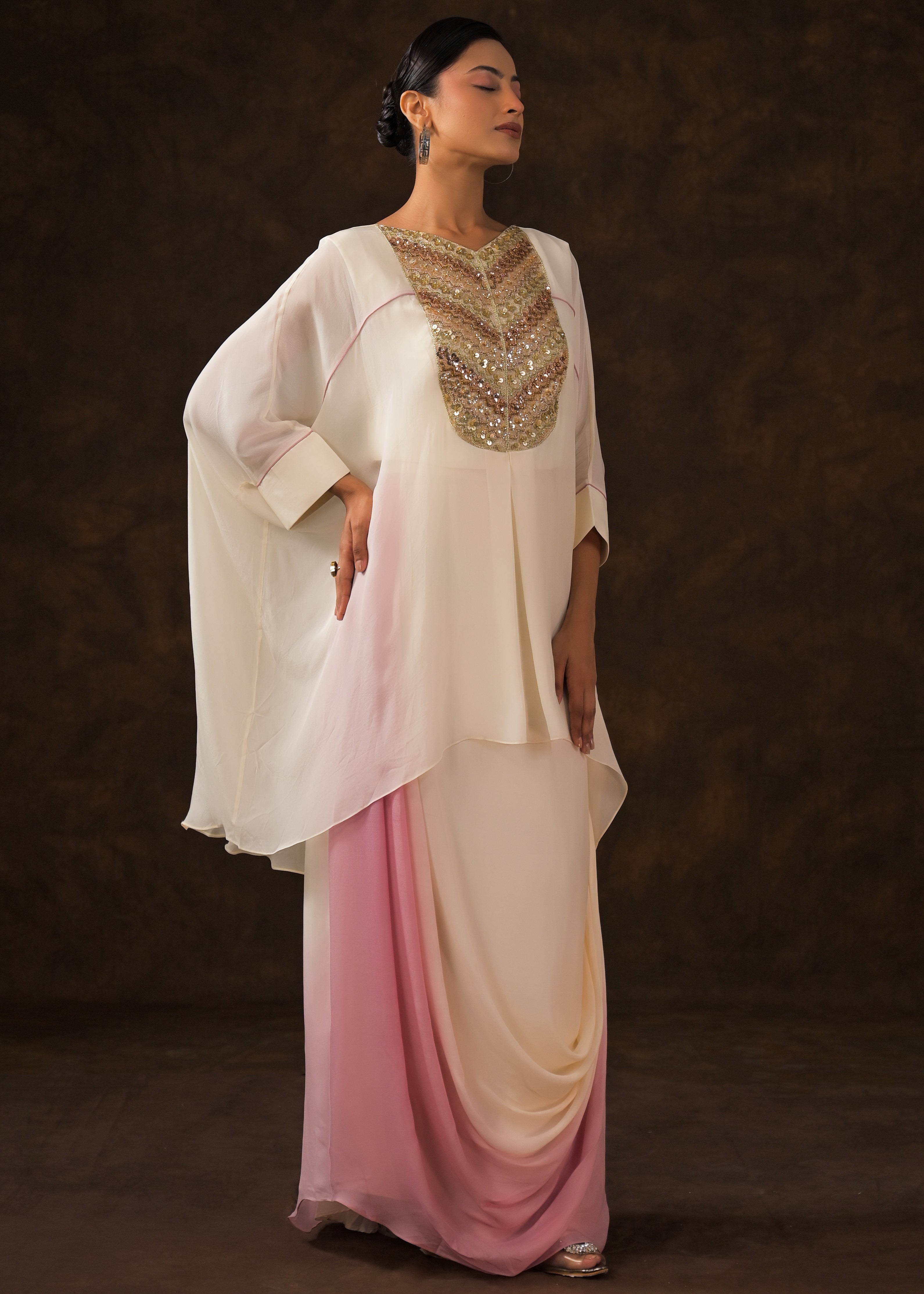 Off-White Embellished Chinon Silk Skirt Set