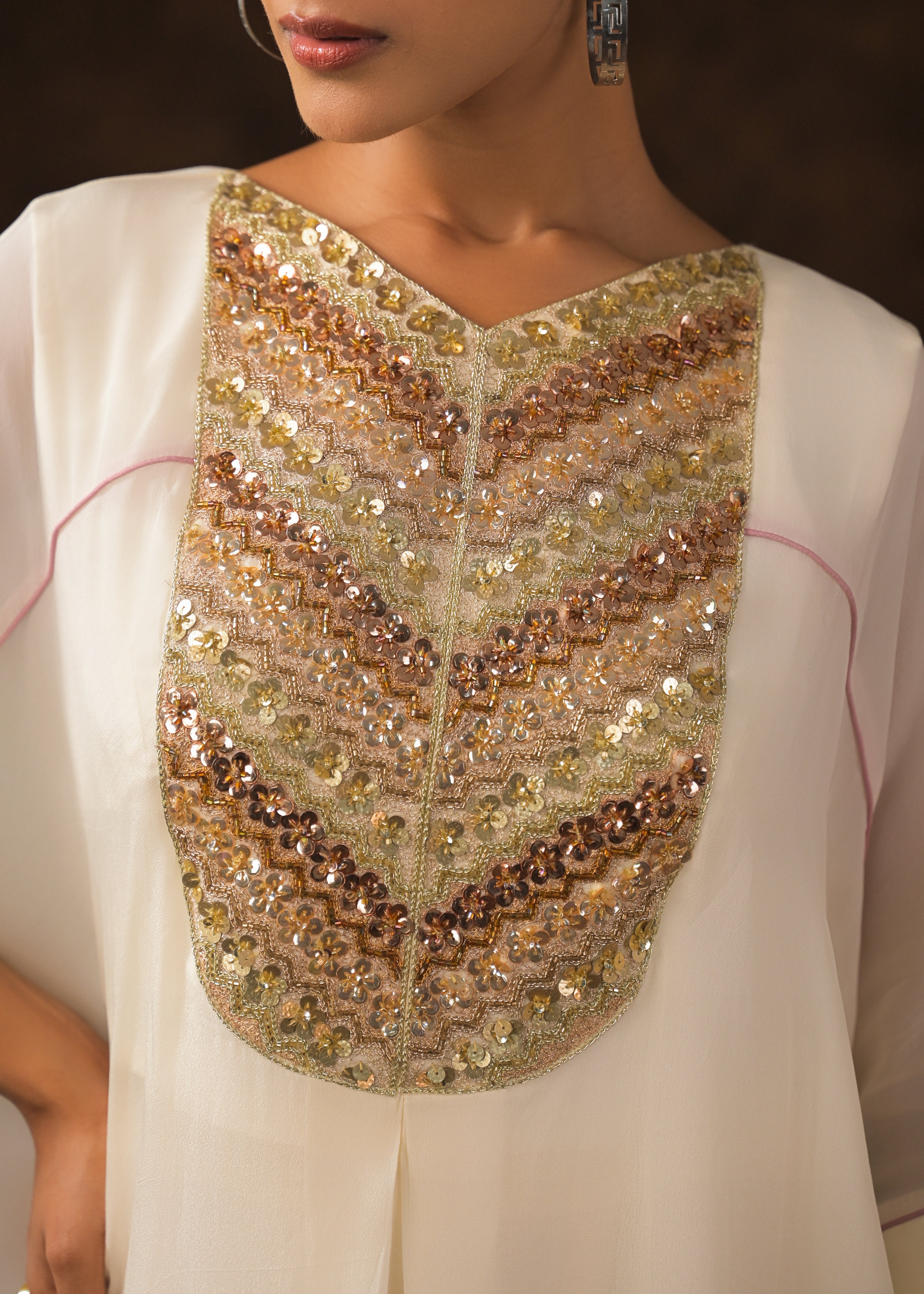 Off-White Embellished Chinon Silk Skirt Set