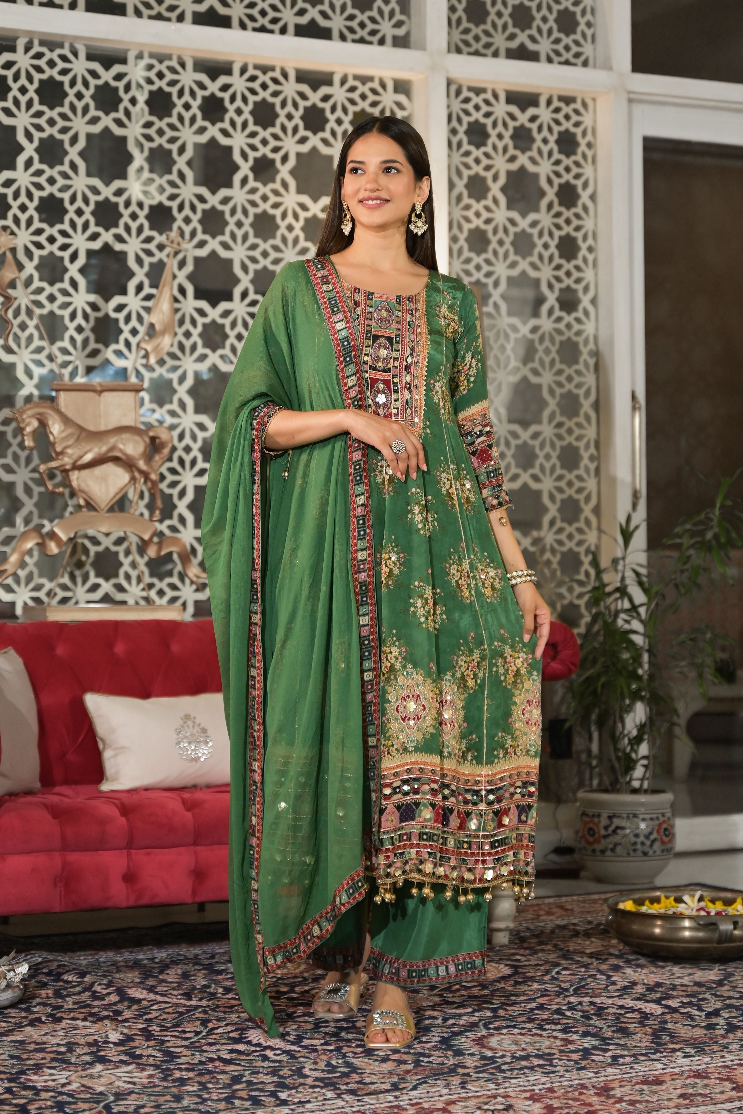 Green Printed Crepe Silk Anarkali Set