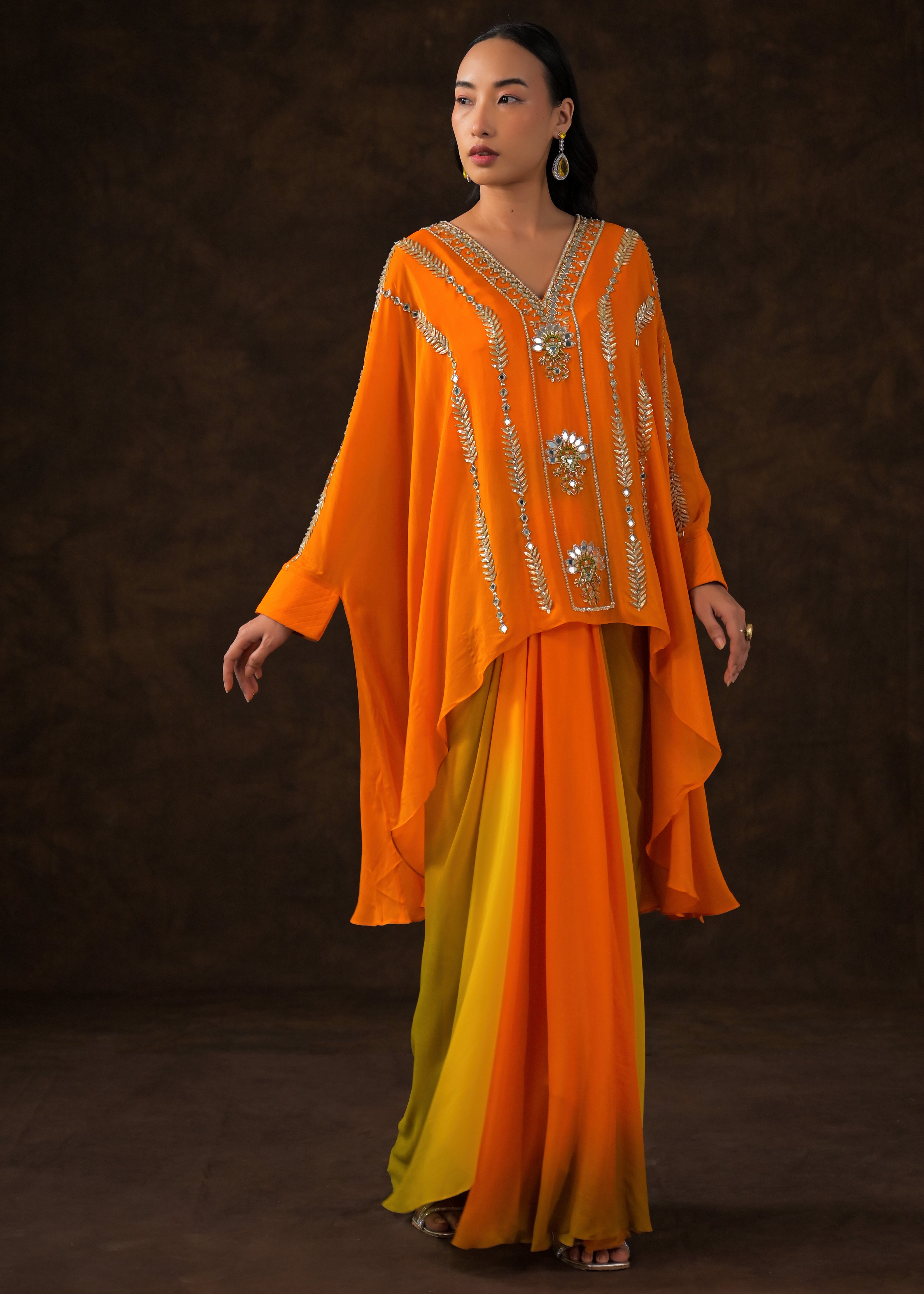 Vibrant Orange Embellished Chinon Silk Full Kaftan Set