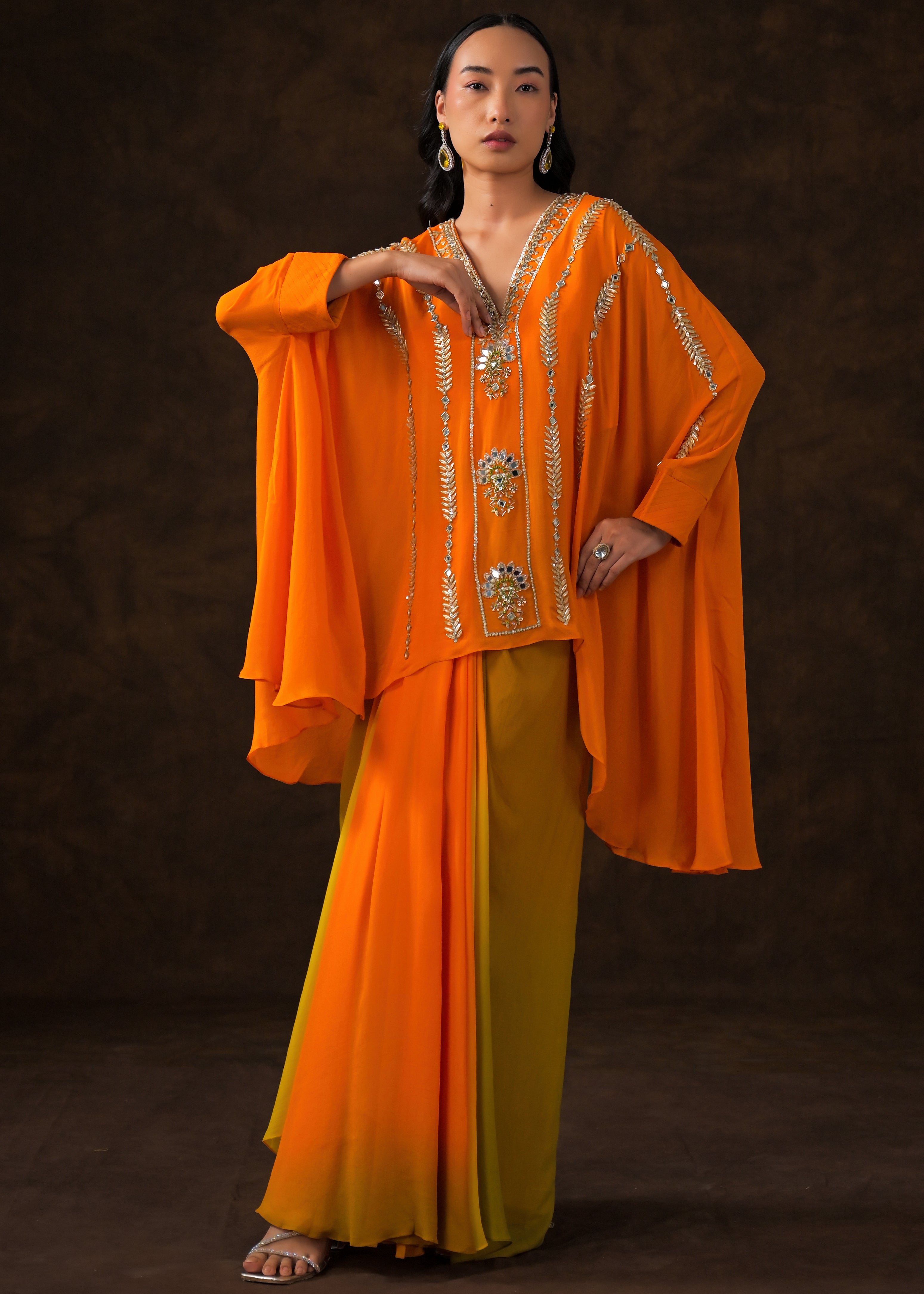 Vibrant Orange Embellished Chinon Silk Full Kaftan Set