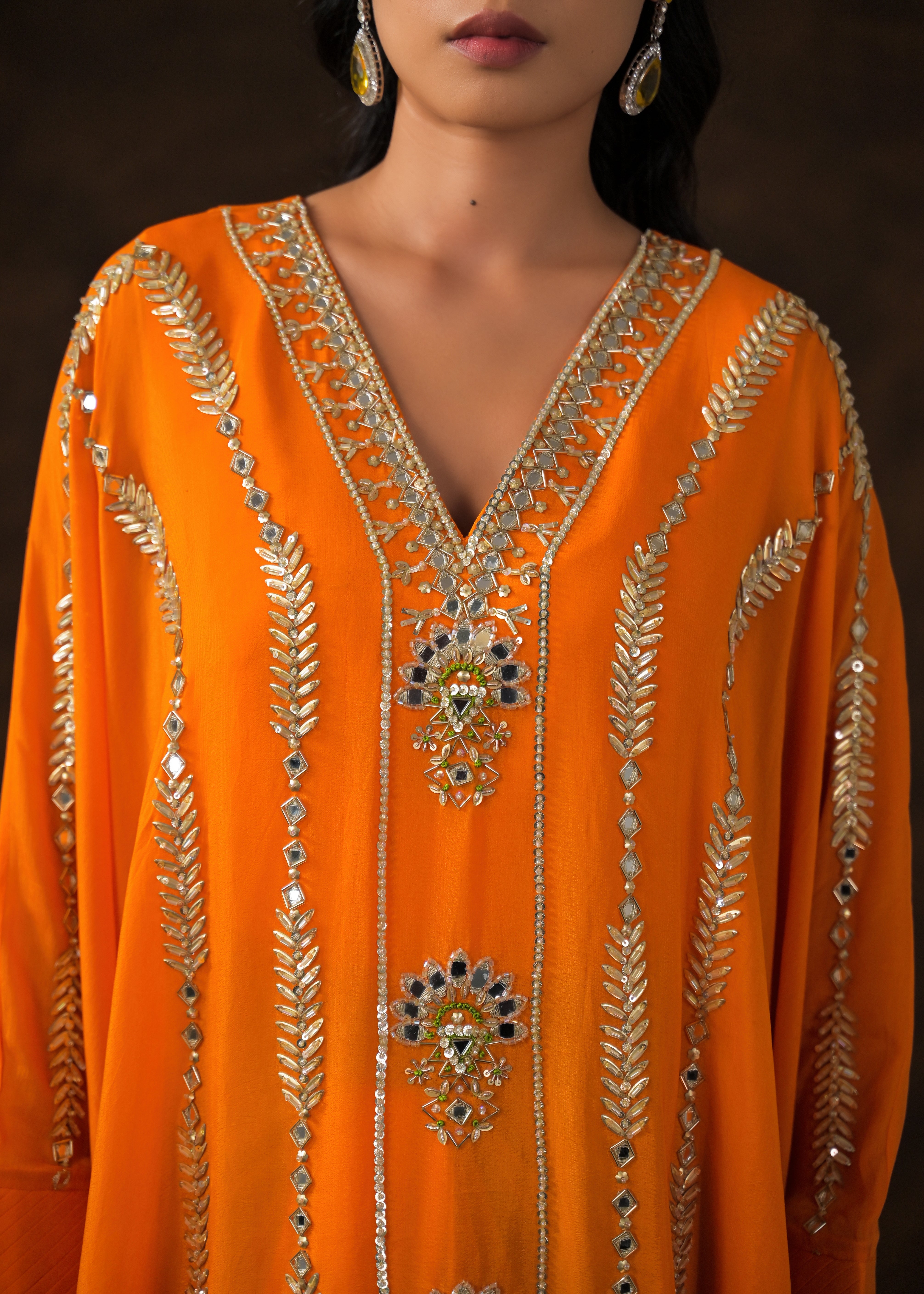 Vibrant Orange Embellished Chinon Silk Full Kaftan Set