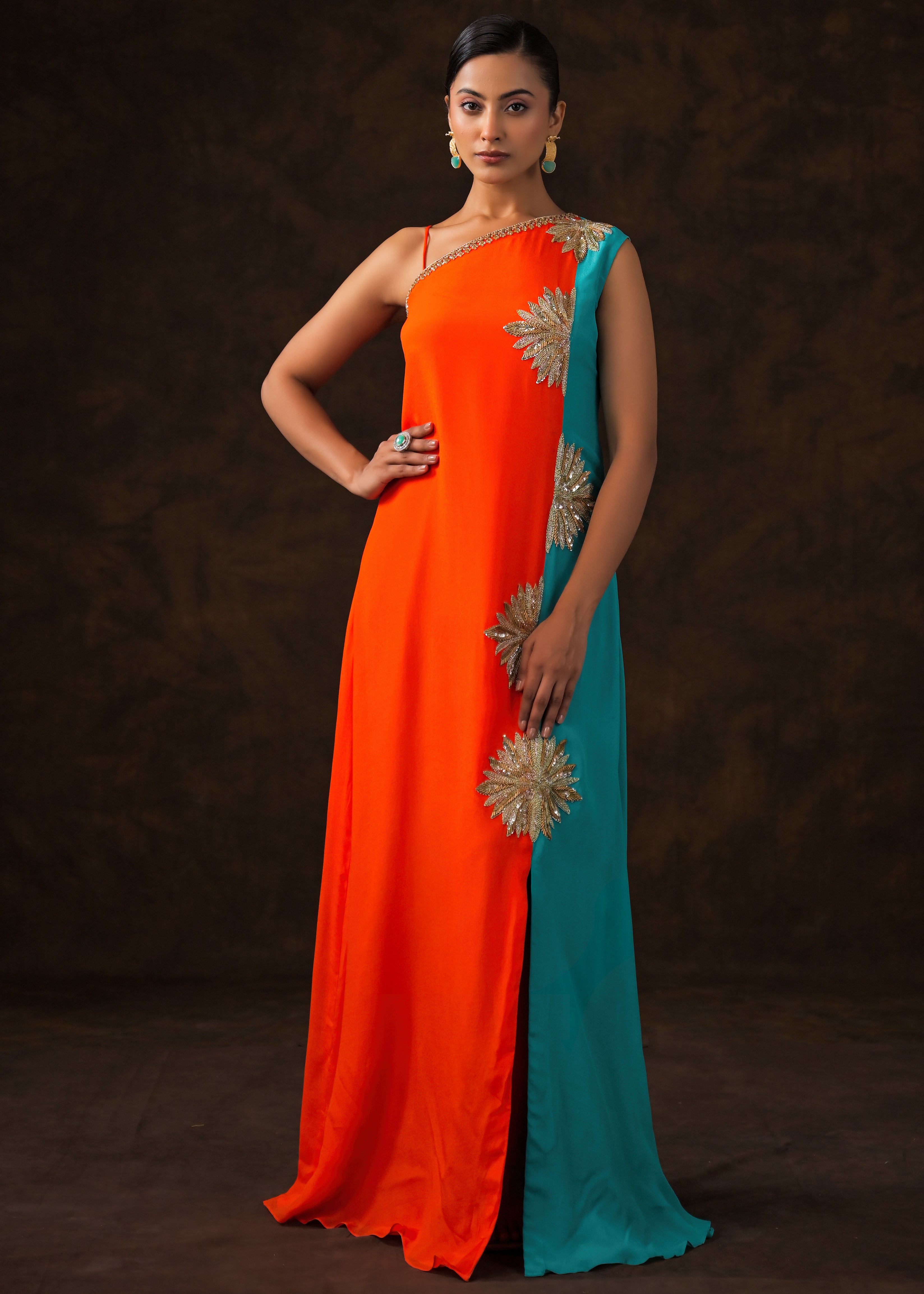 Vibrant Orange Embellished Chinon Silk Dress