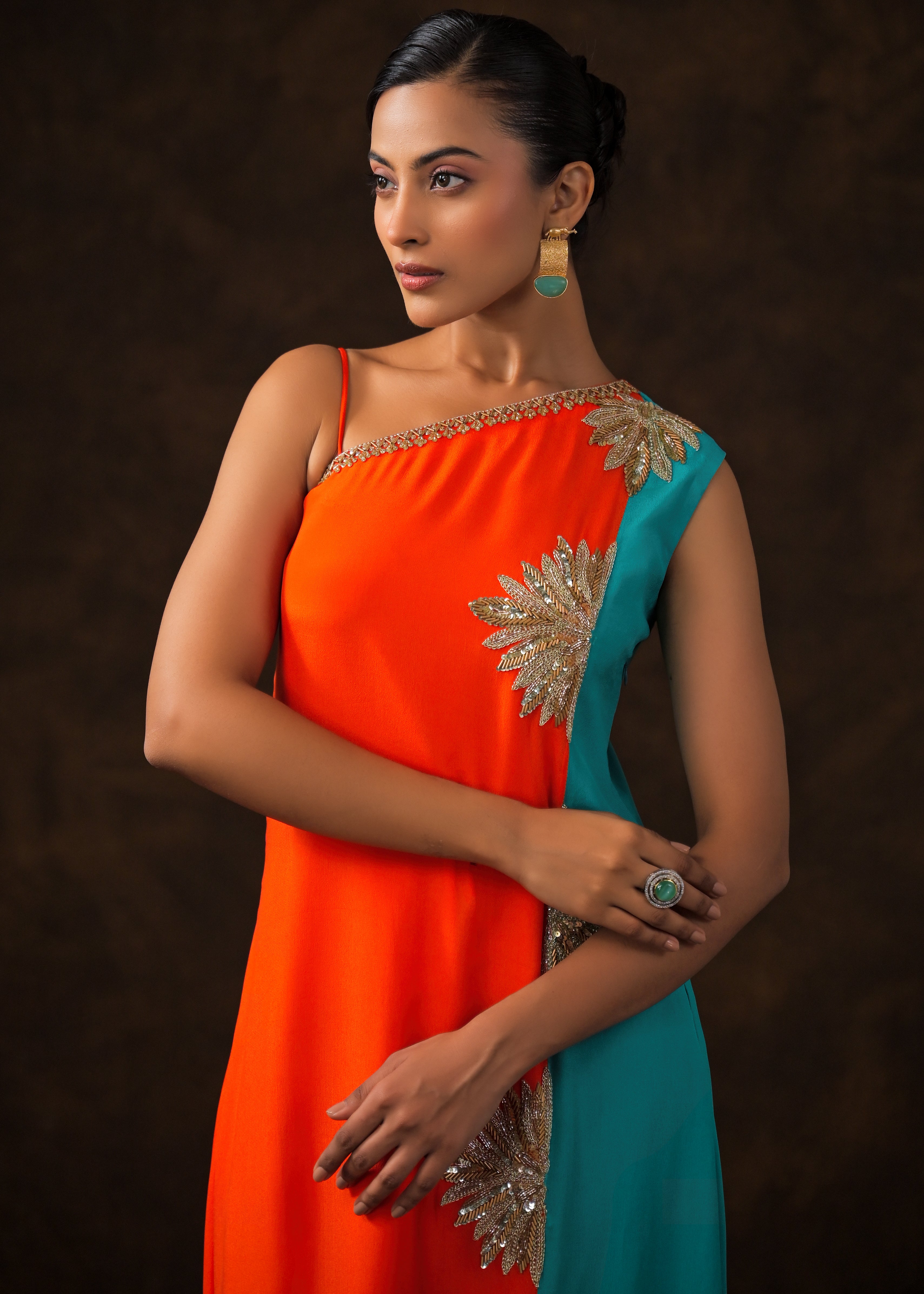 Vibrant Orange Embellished Chinon Silk Dress