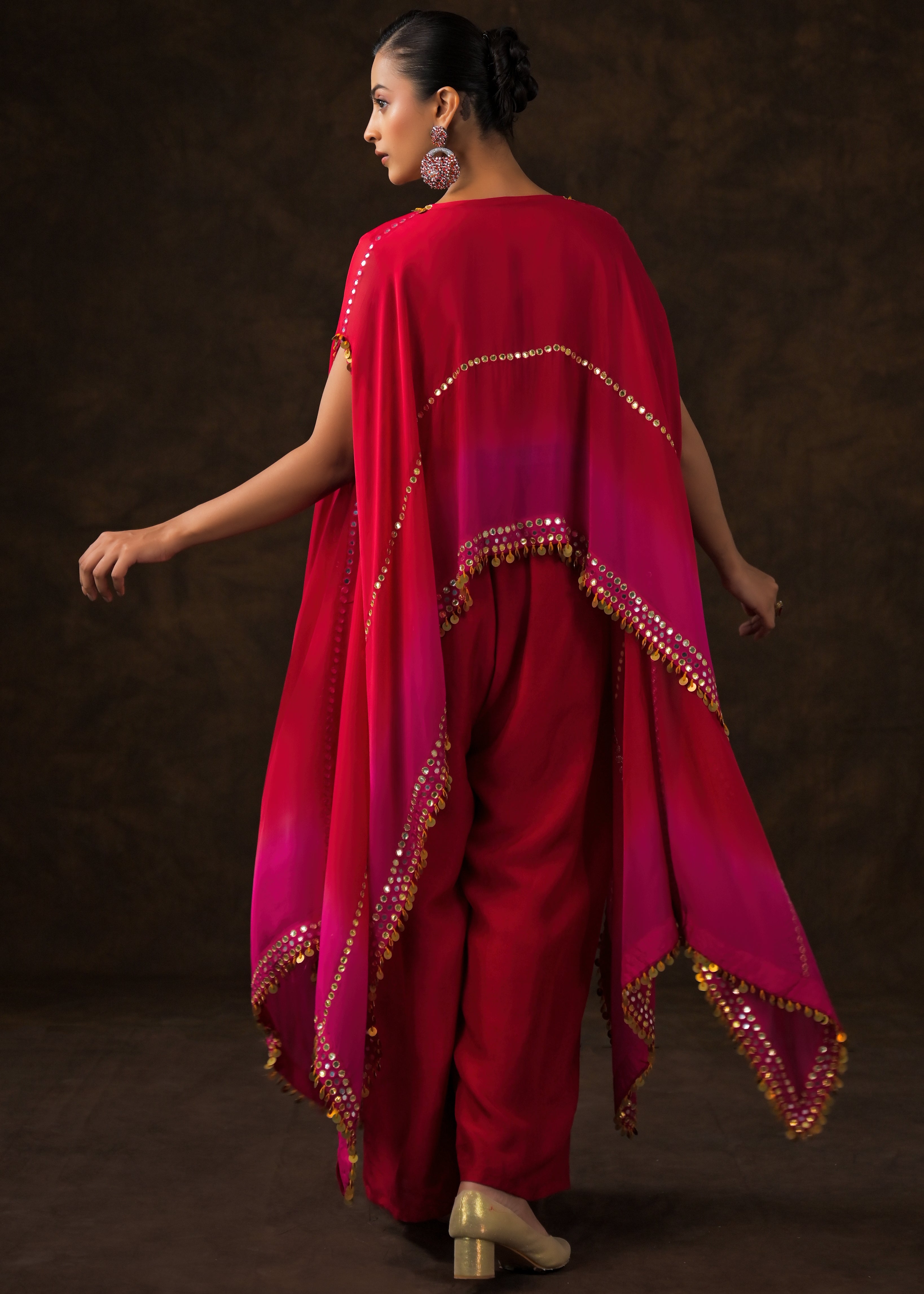 Rose Red Ombre Embellished Raw Silk Cape Set