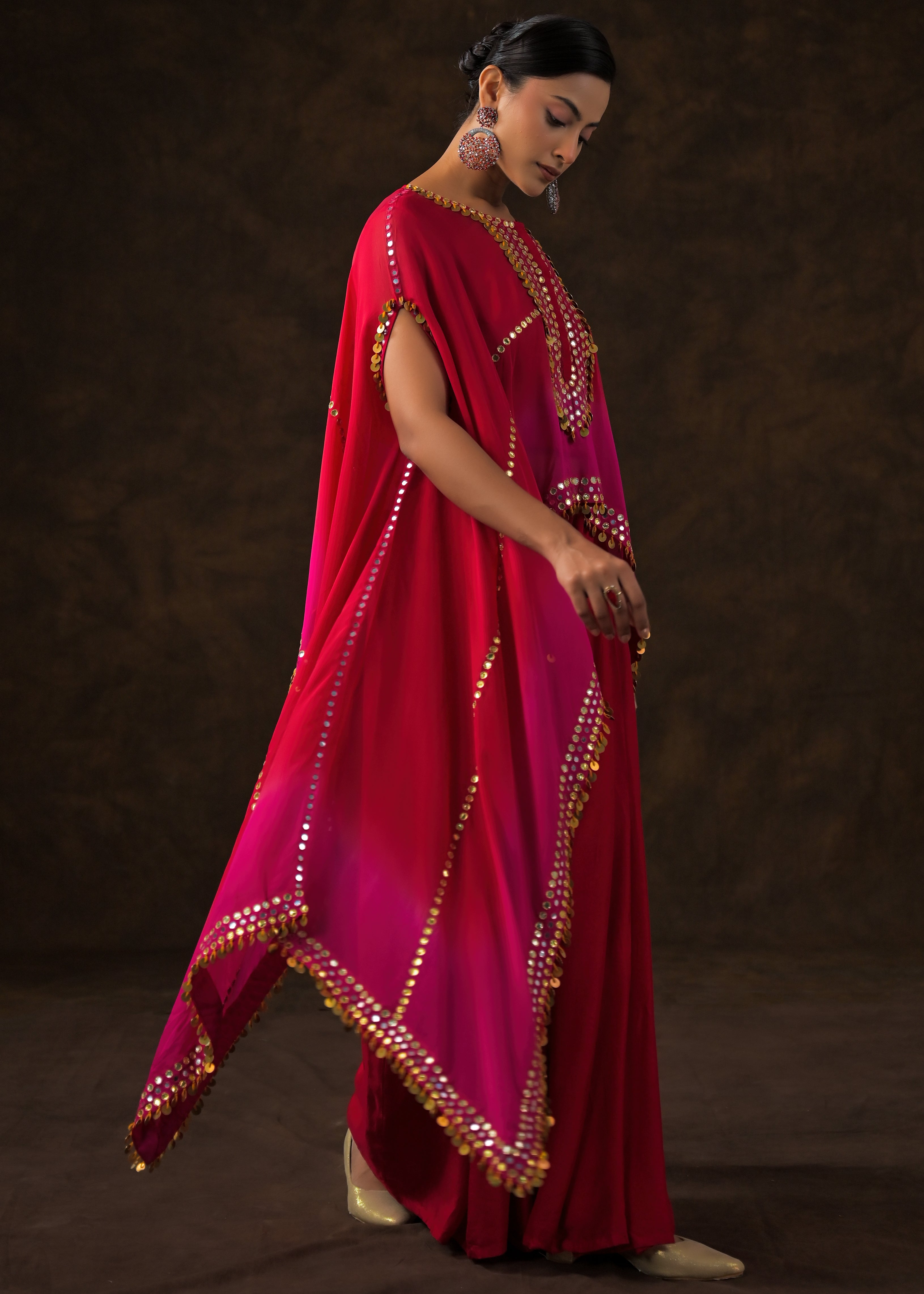 Rose Red Ombre Embellished Raw Silk Cape Set
