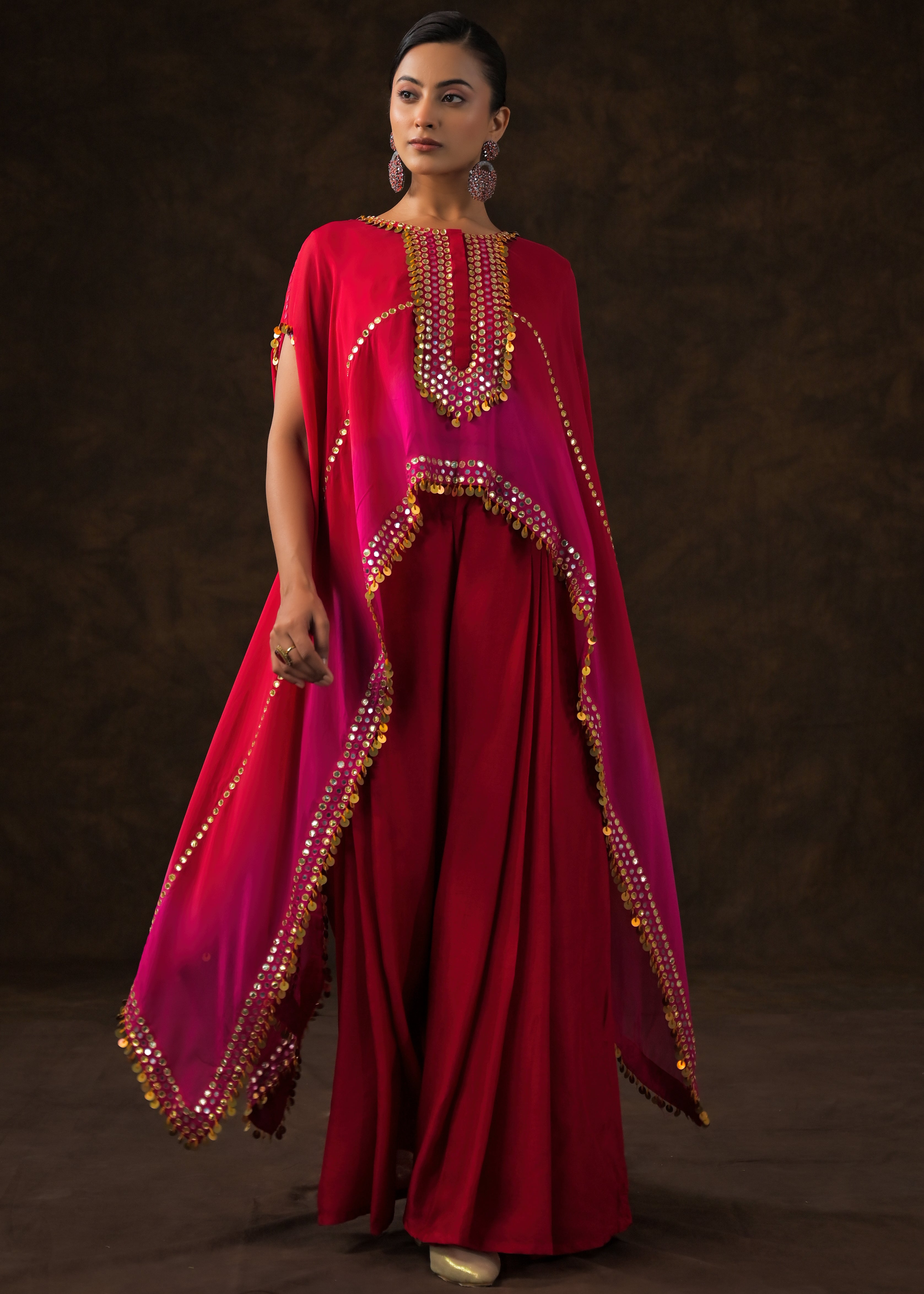Rose Red Ombre Embellished Raw Silk Cape Set