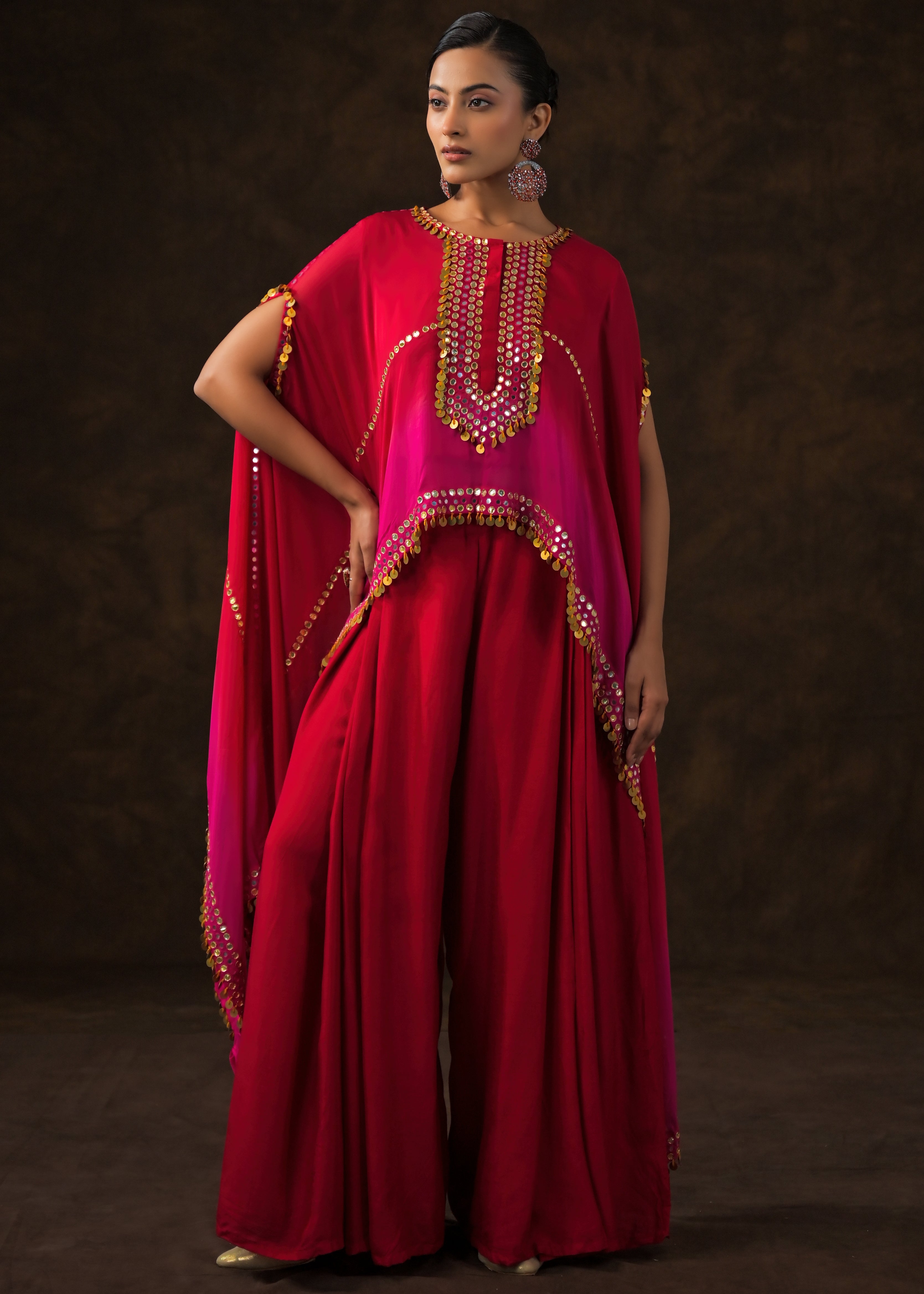 Rose Red Ombre Embellished Raw Silk Cape Set