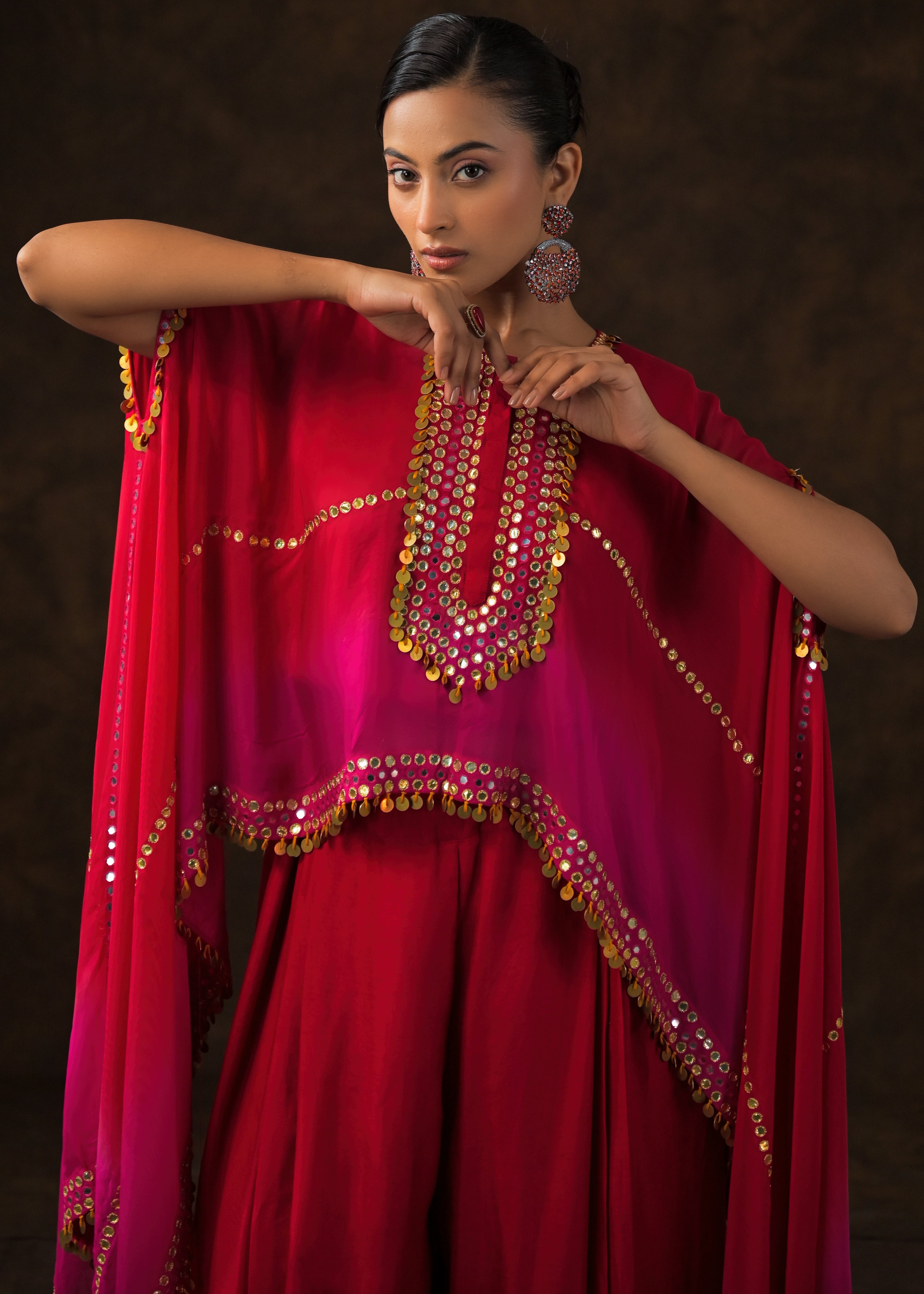 Rose Red Ombre Embellished Raw Silk Cape Set