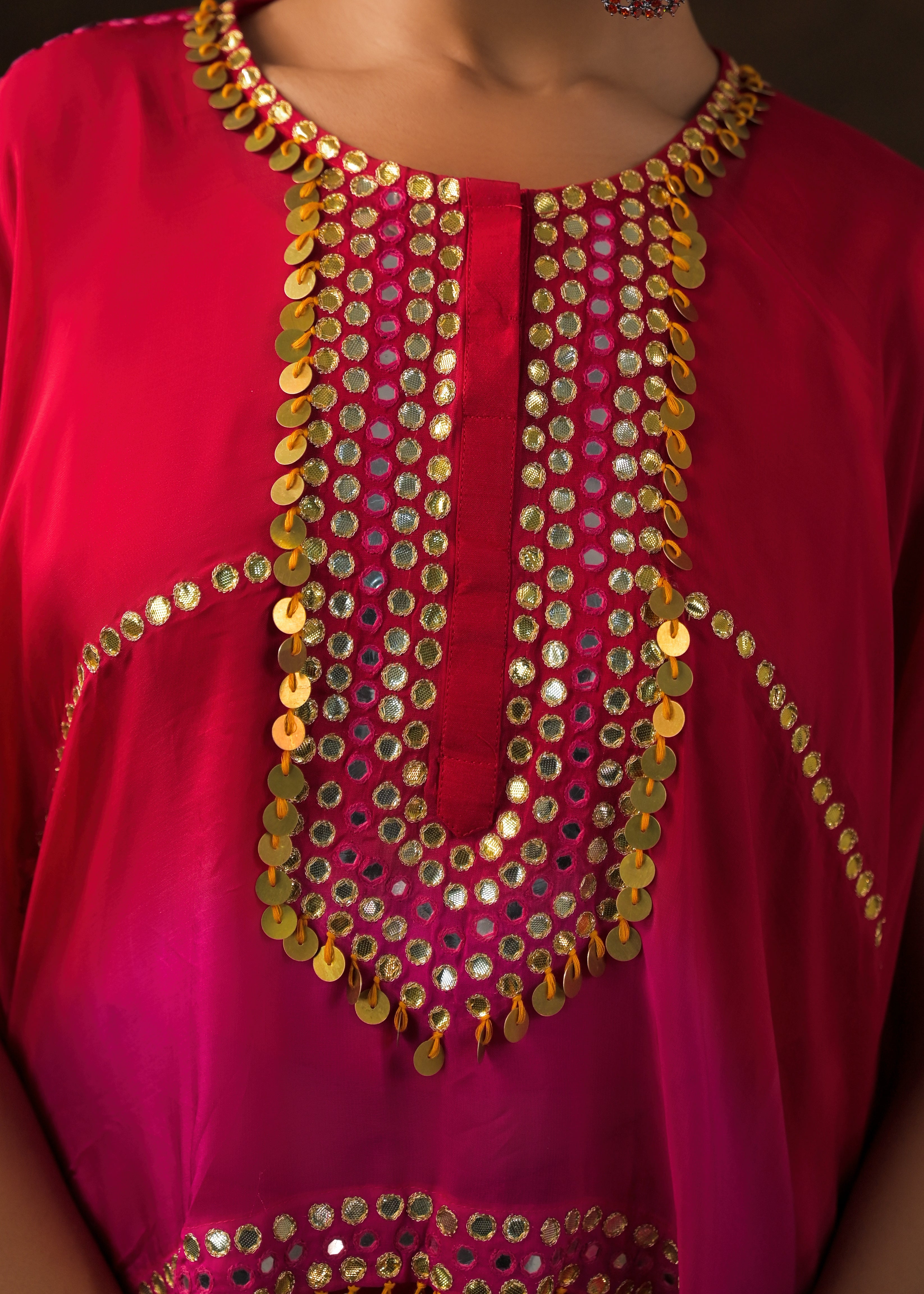 Rose Red Ombre Embellished Raw Silk Cape Set