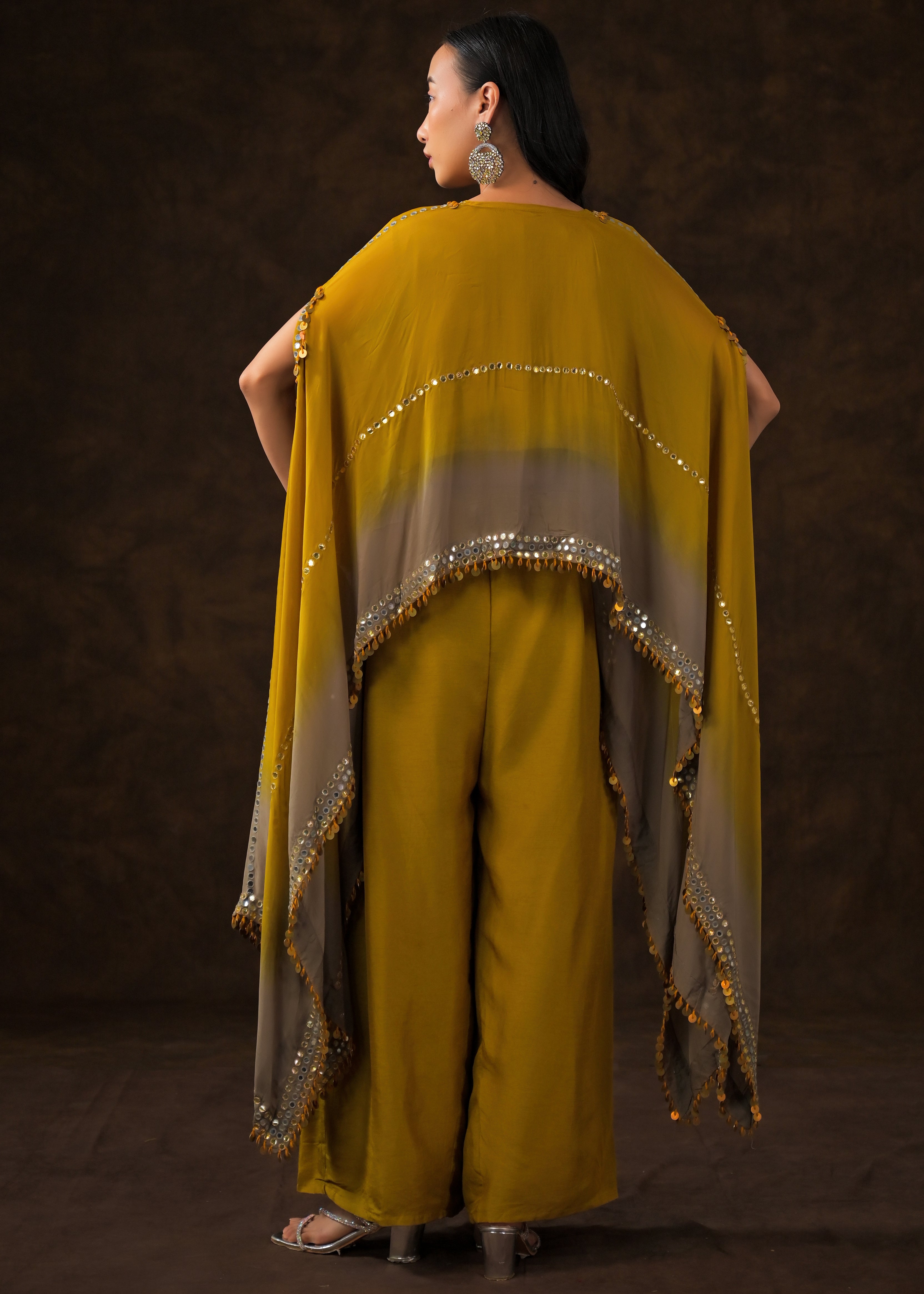 Mustard Ombre Embellished Raw Silk Cape Set