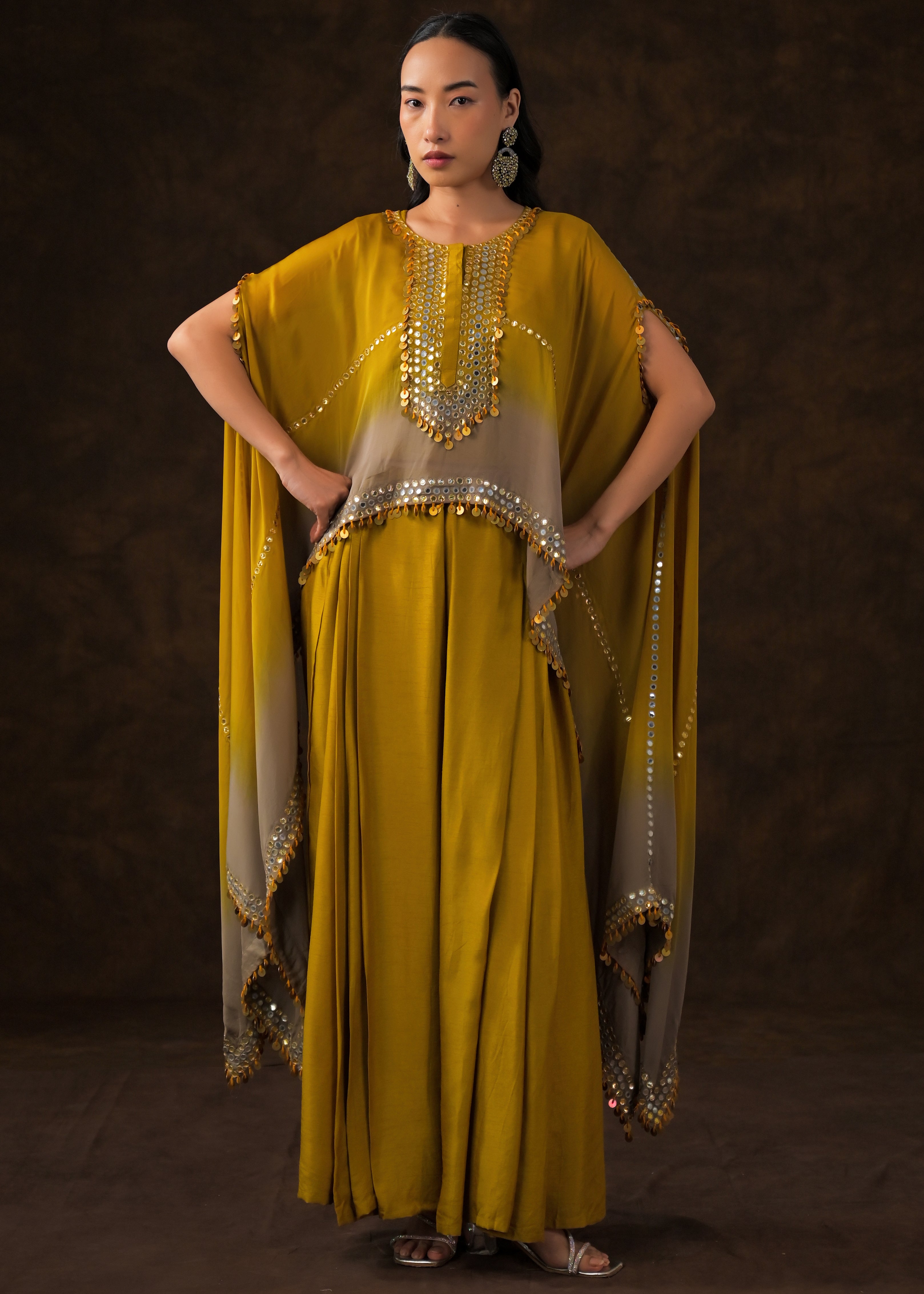 Mustard Ombre Embellished Raw Silk Cape Set