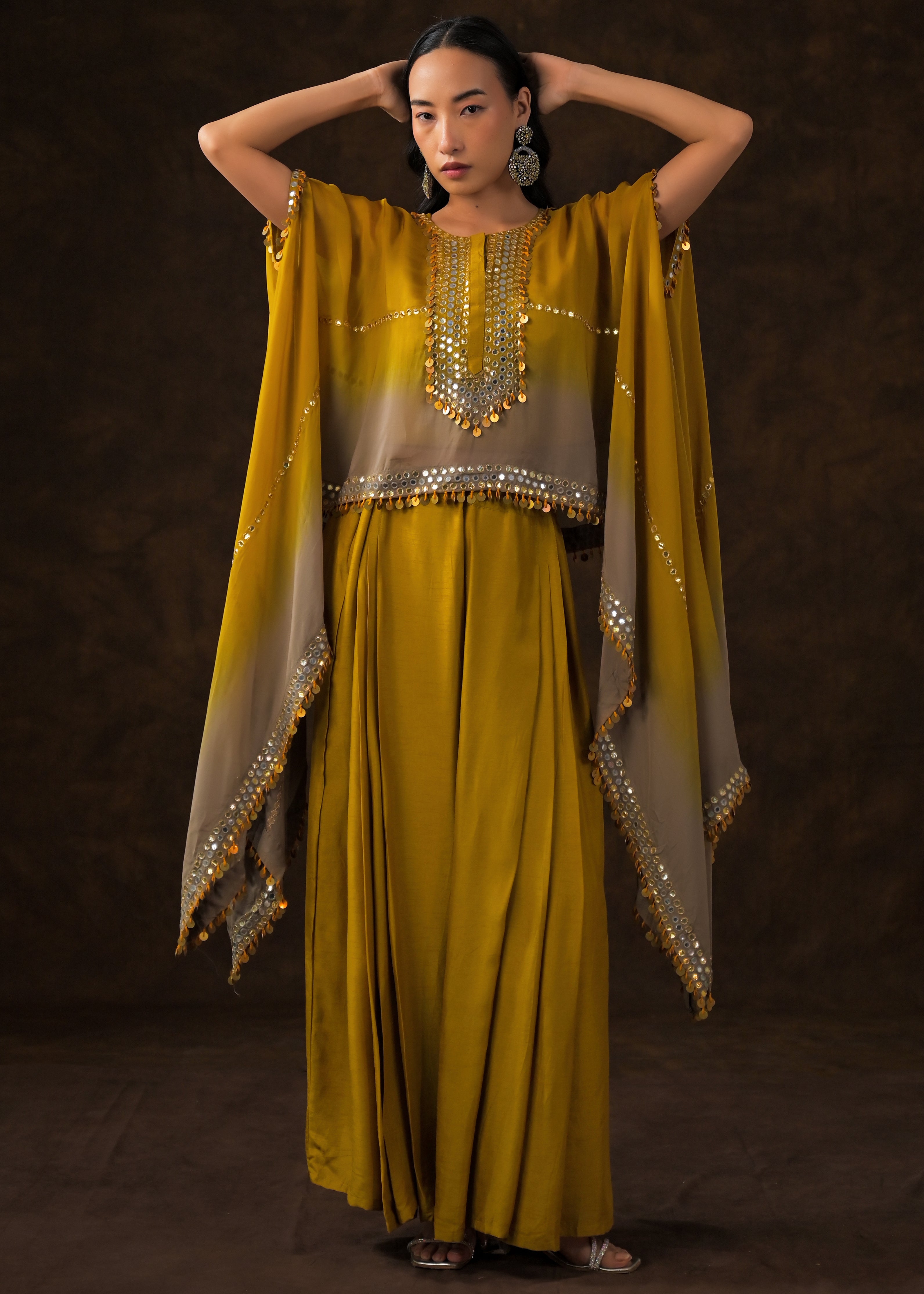 Mustard Ombre Embellished Raw Silk Cape Set