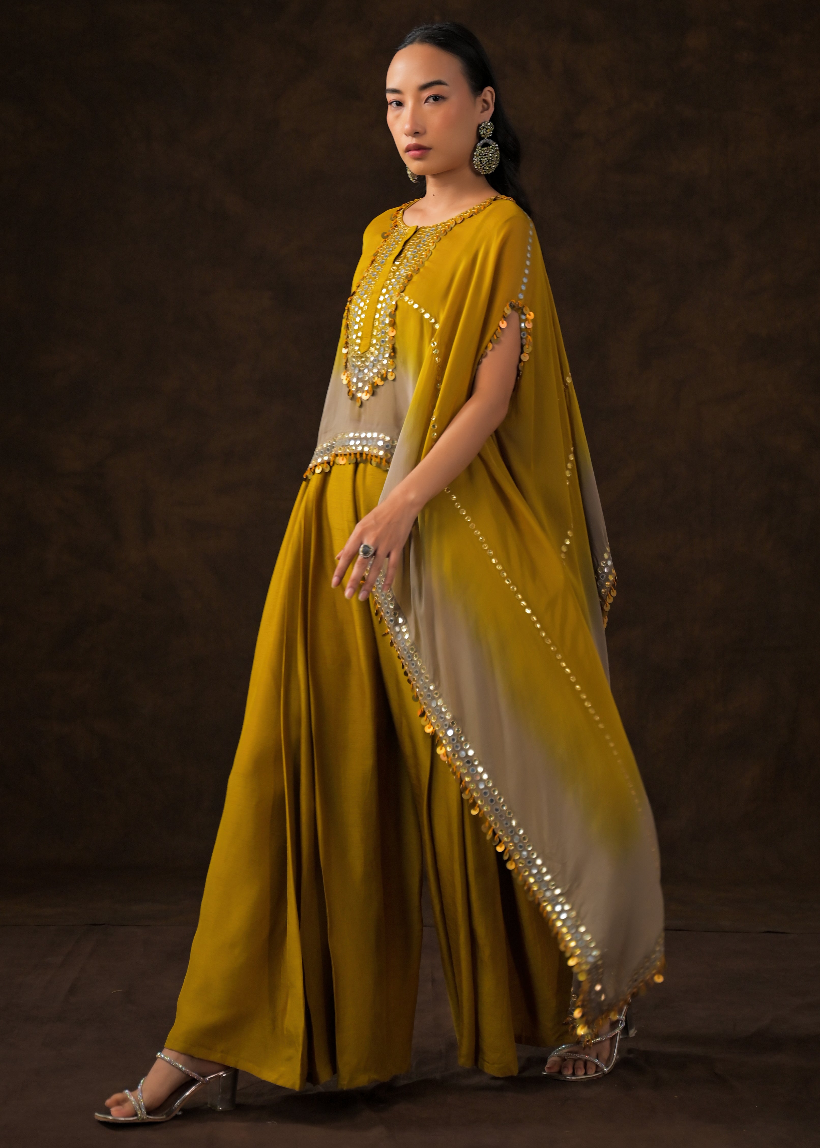Mustard Ombre Embellished Raw Silk Cape Set