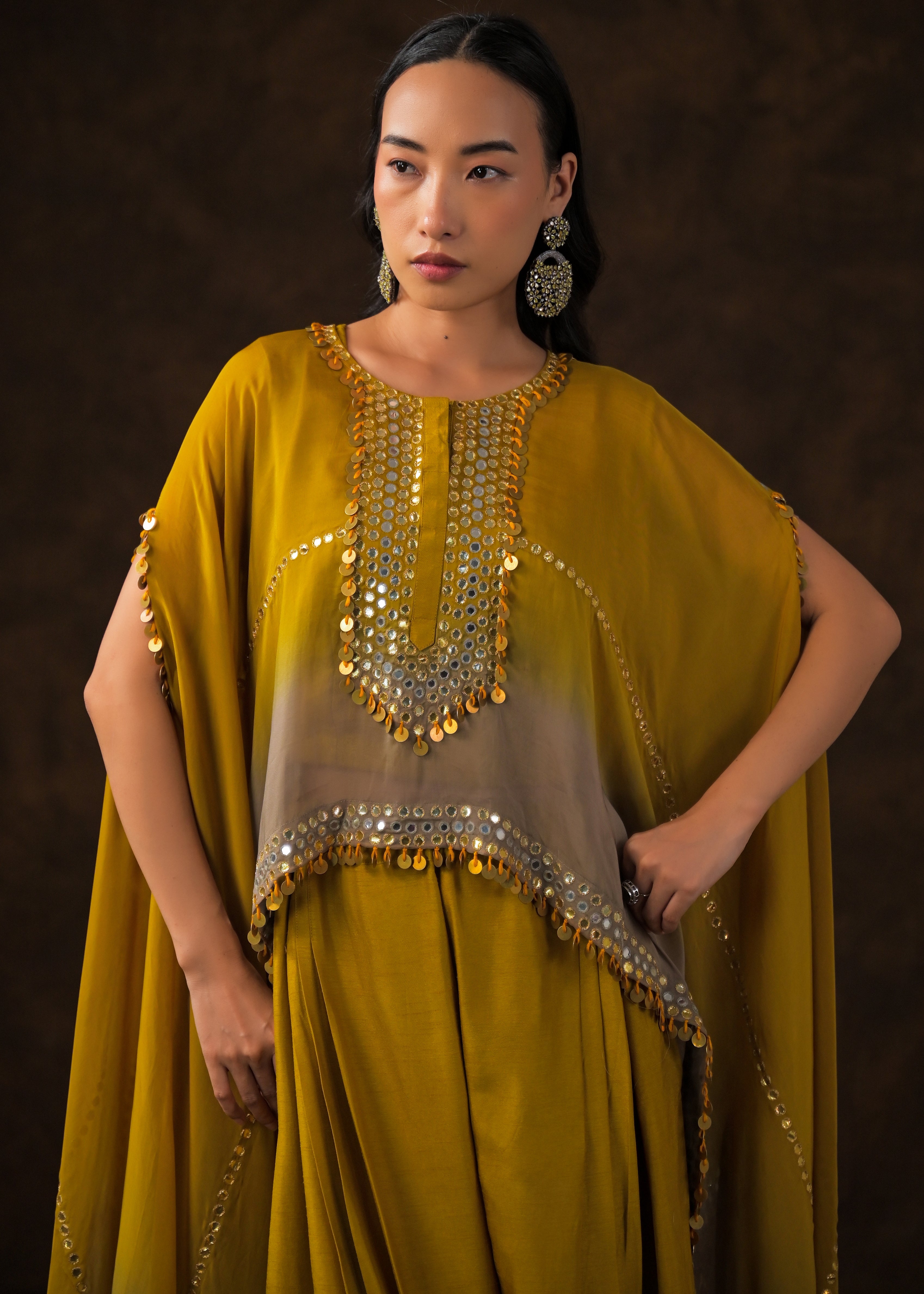 Mustard Ombre Embellished Raw Silk Cape Set