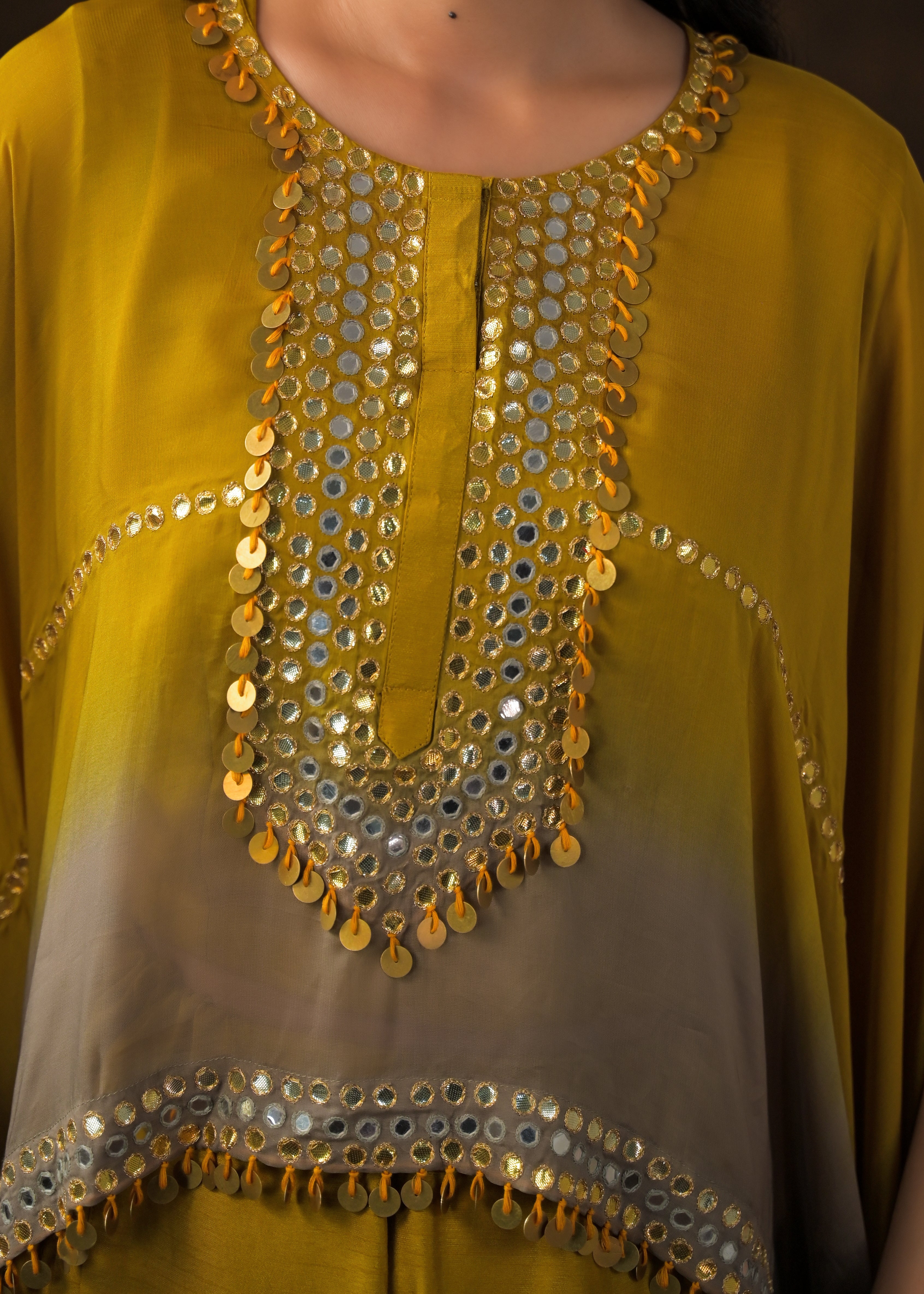 Mustard Ombre Embellished Raw Silk Cape Set