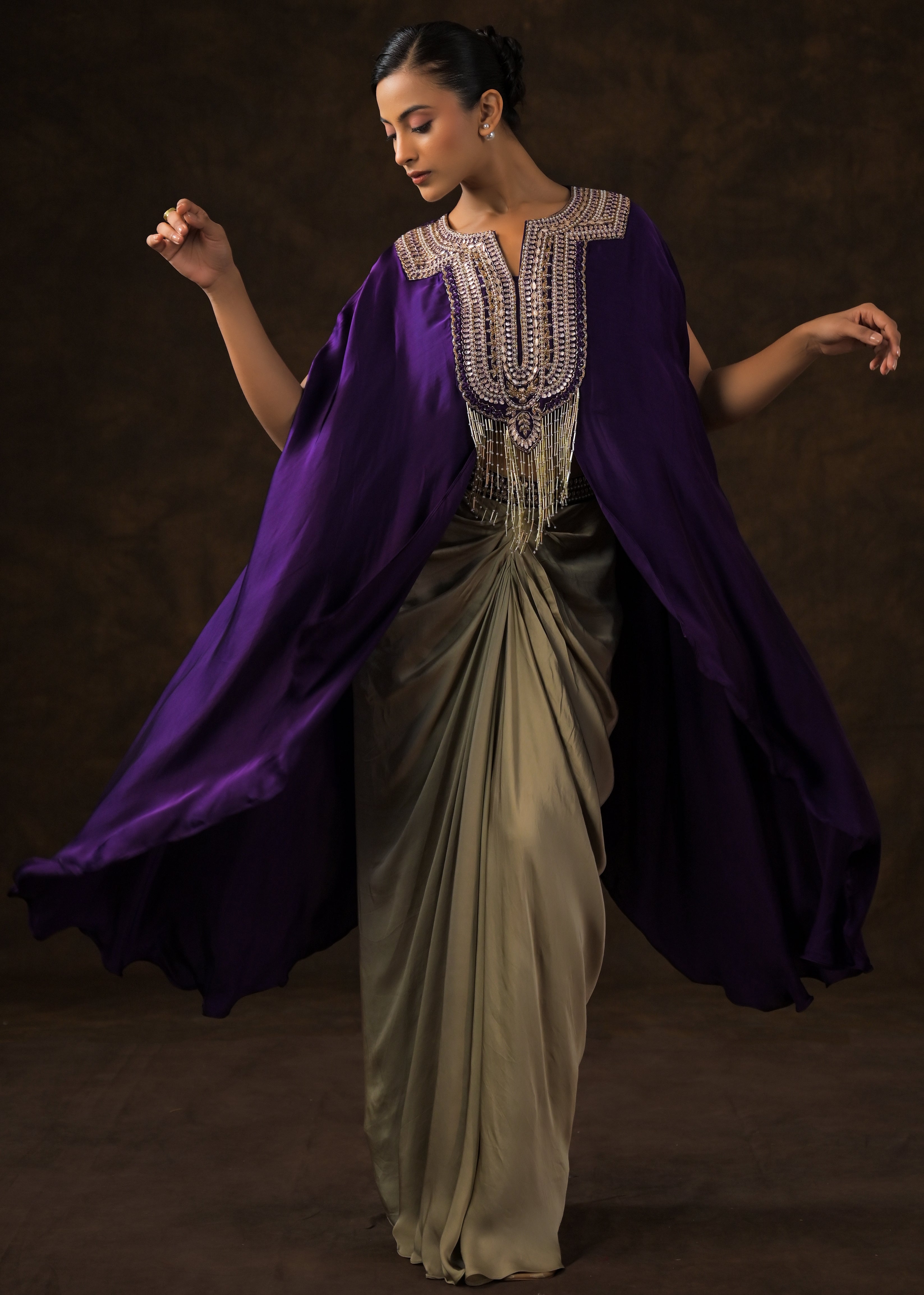 Royal Purple Embellished Satin Silk Drape Skirt Set