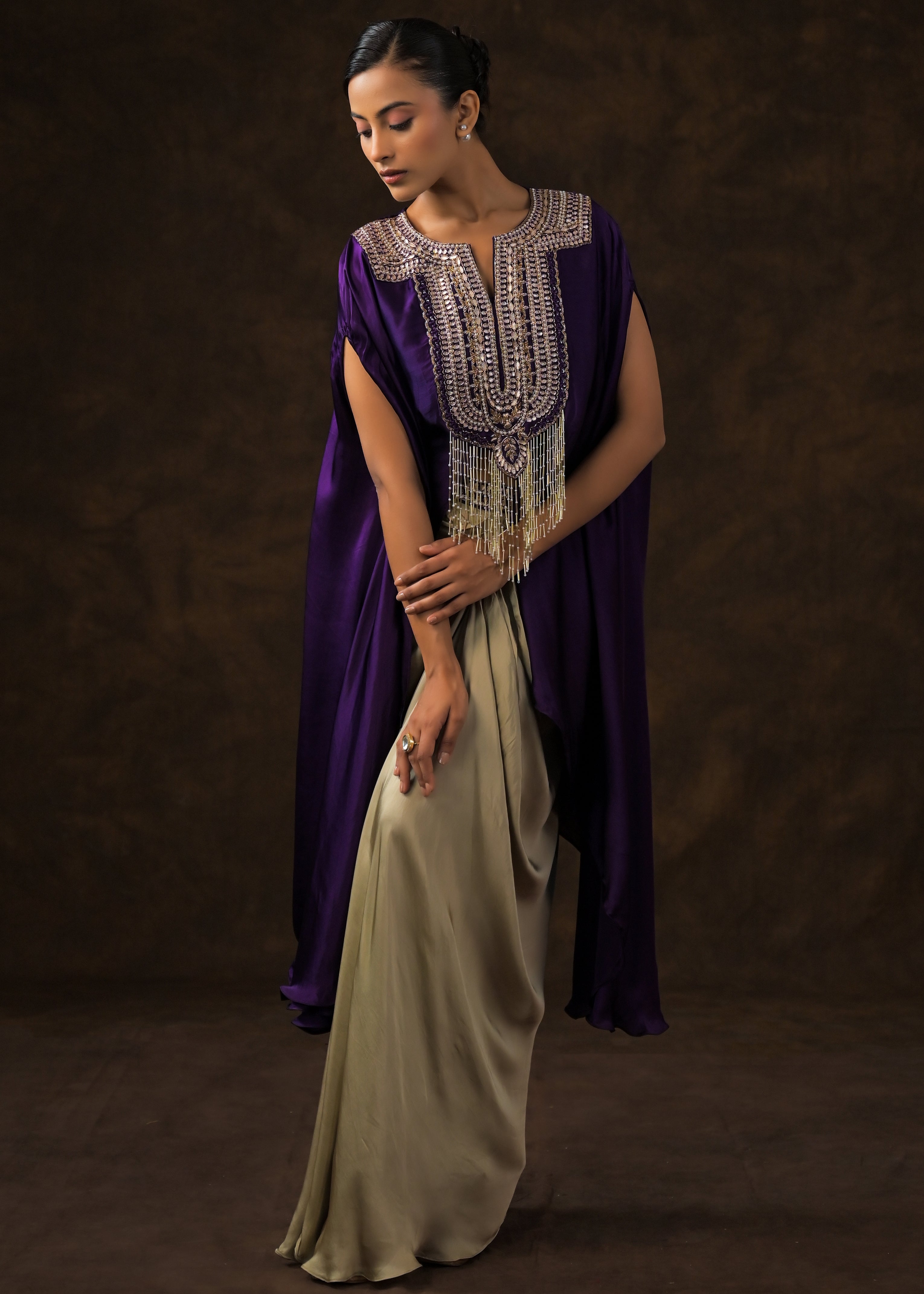 Royal Purple Embellished Satin Silk Drape Skirt Set