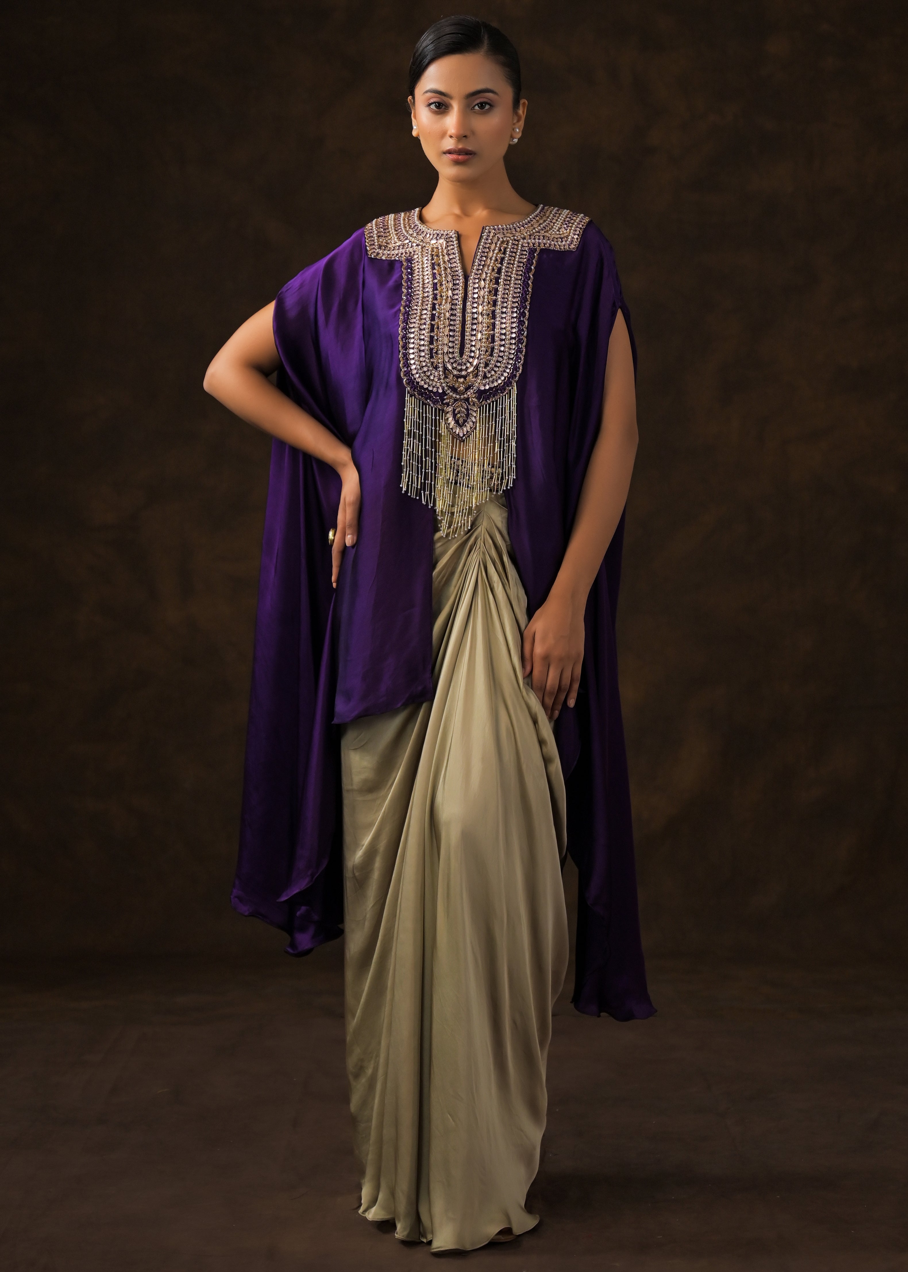 Royal Purple Embellished Satin Silk Drape Skirt Set