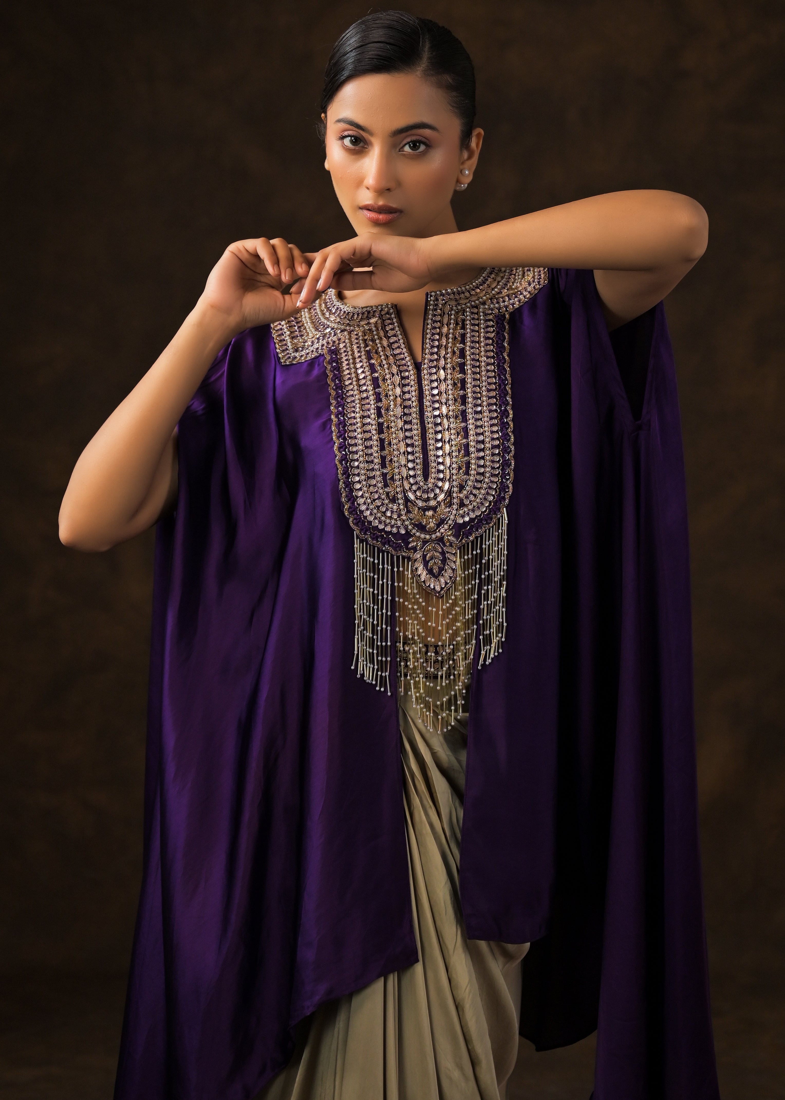 Royal Purple Embellished Satin Silk Drape Skirt Set