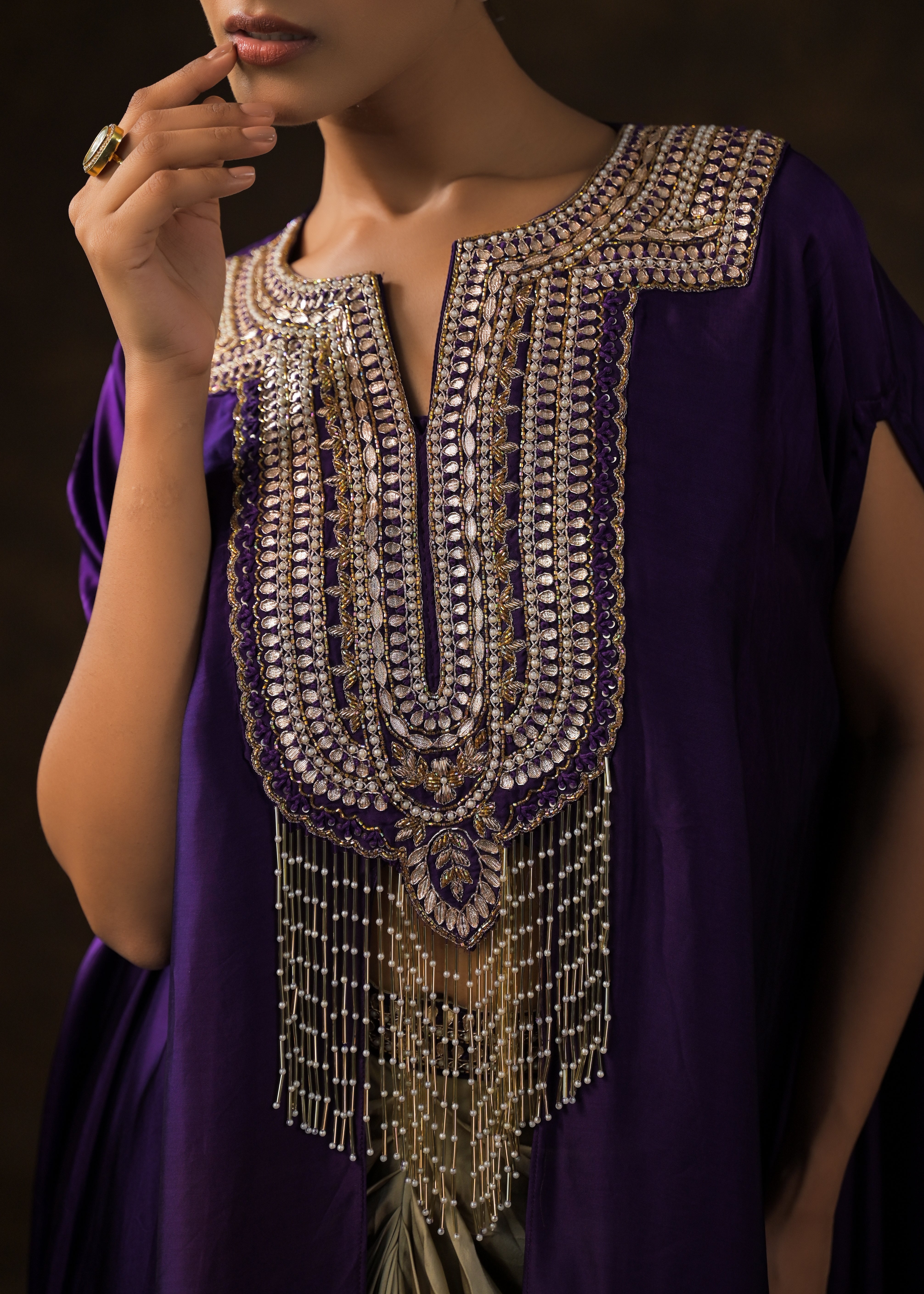 Royal Purple Embellished Satin Silk Drape Skirt Set