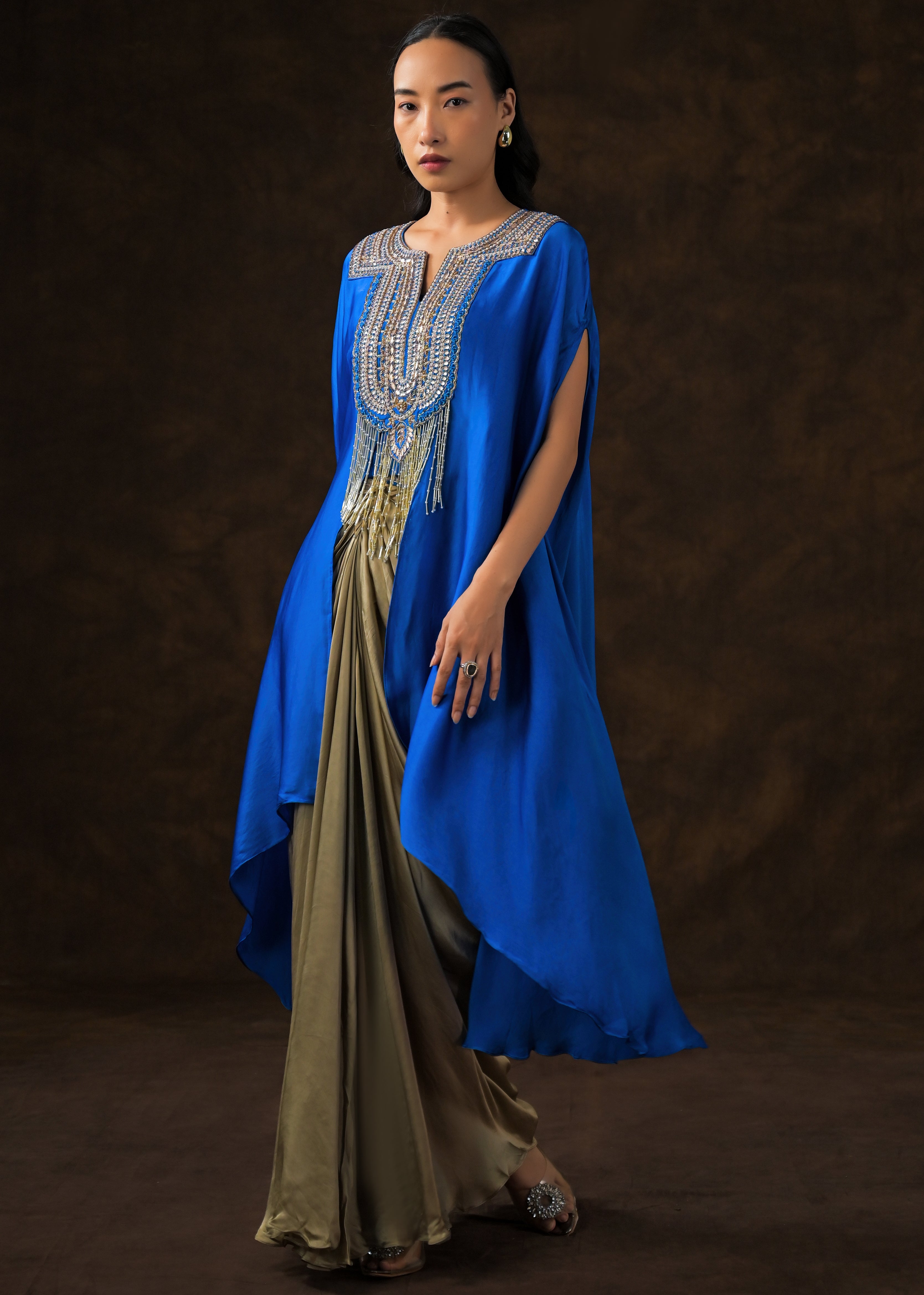 Royal Blue Embellished Satin Silk Drape Skirt Set