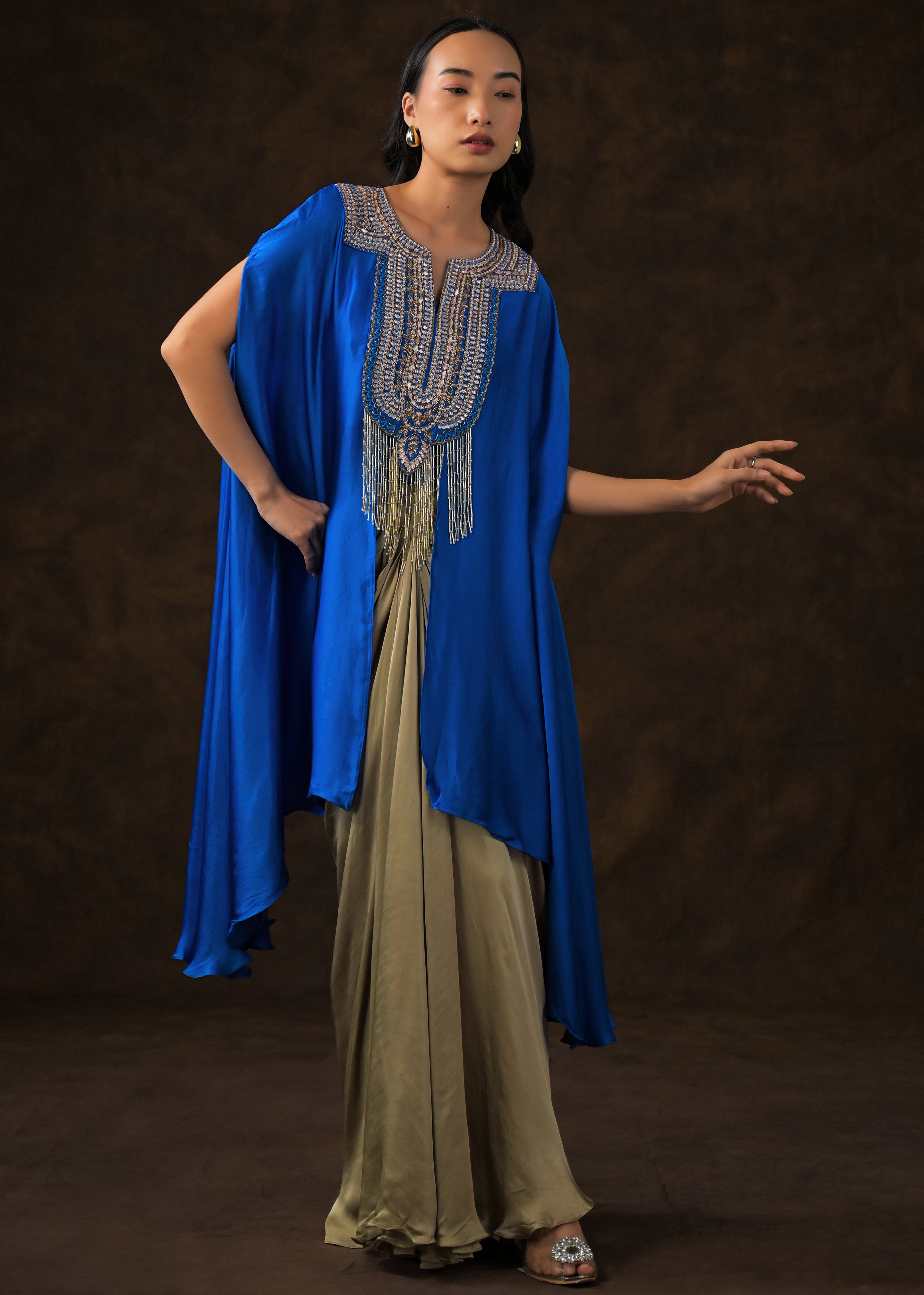 Royal Blue Embellished Satin Silk Drape Skirt Set