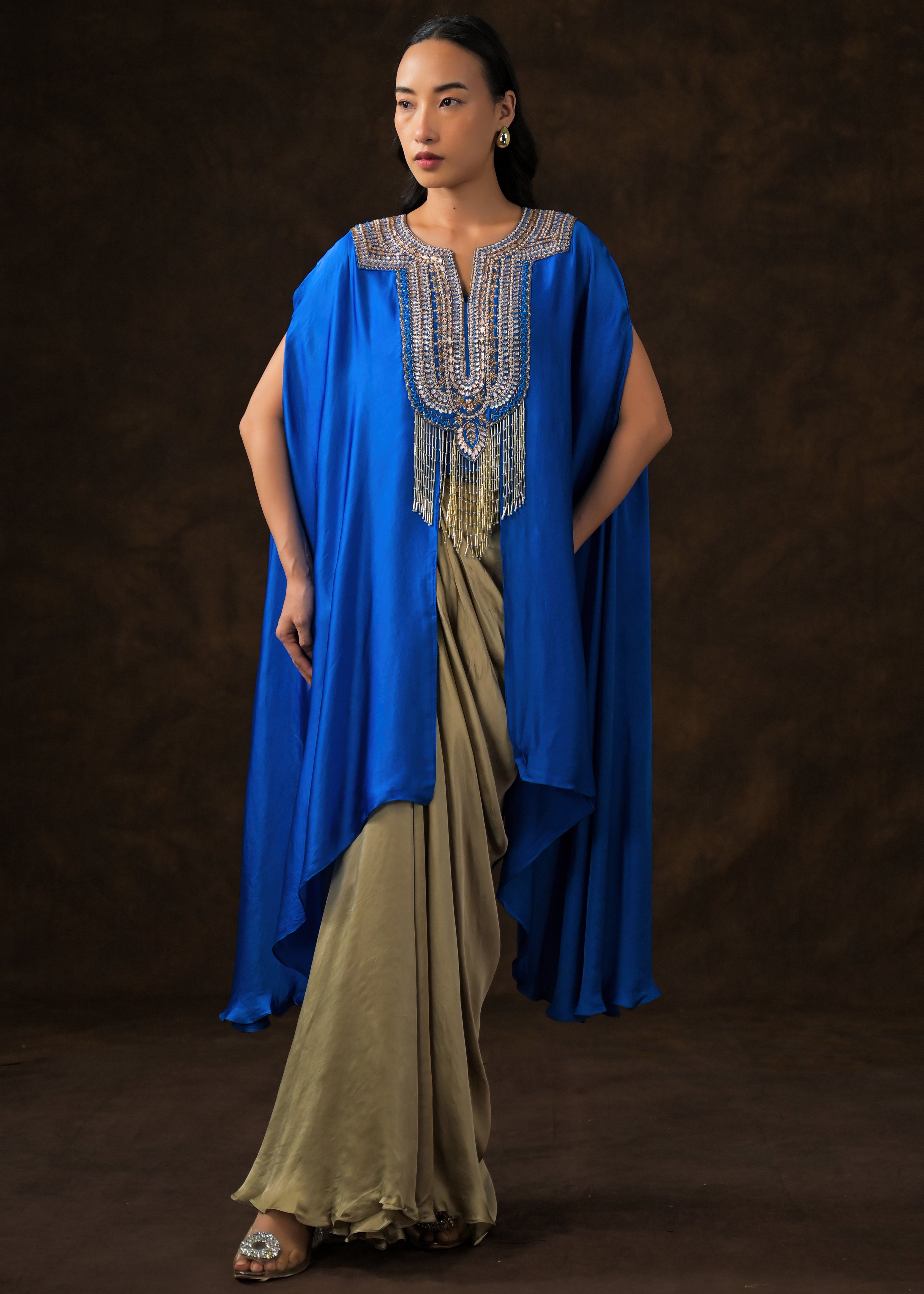 Royal Blue Embellished Satin Silk Drape Skirt Set