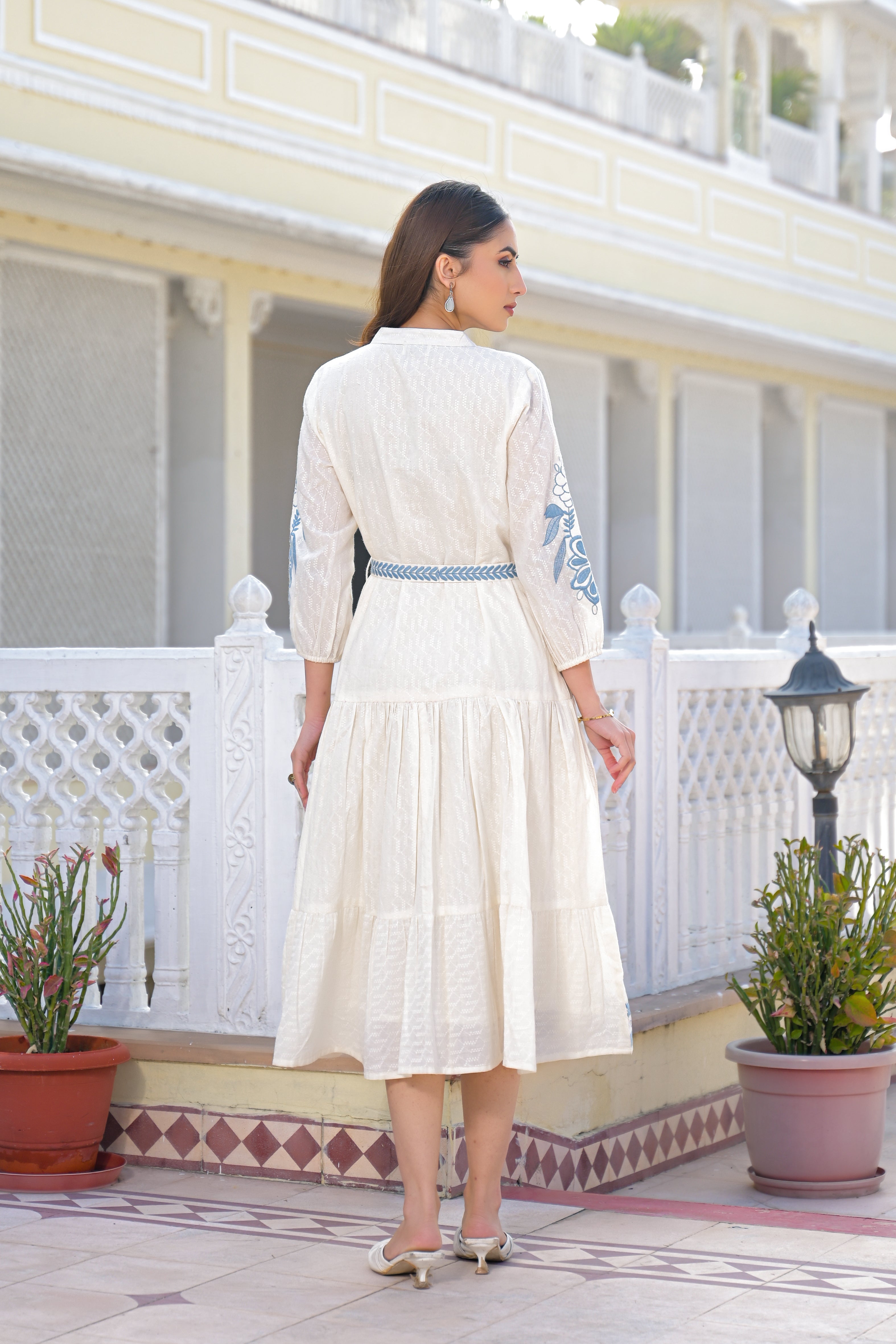 Blue Willow Embroidered Cotton Dress