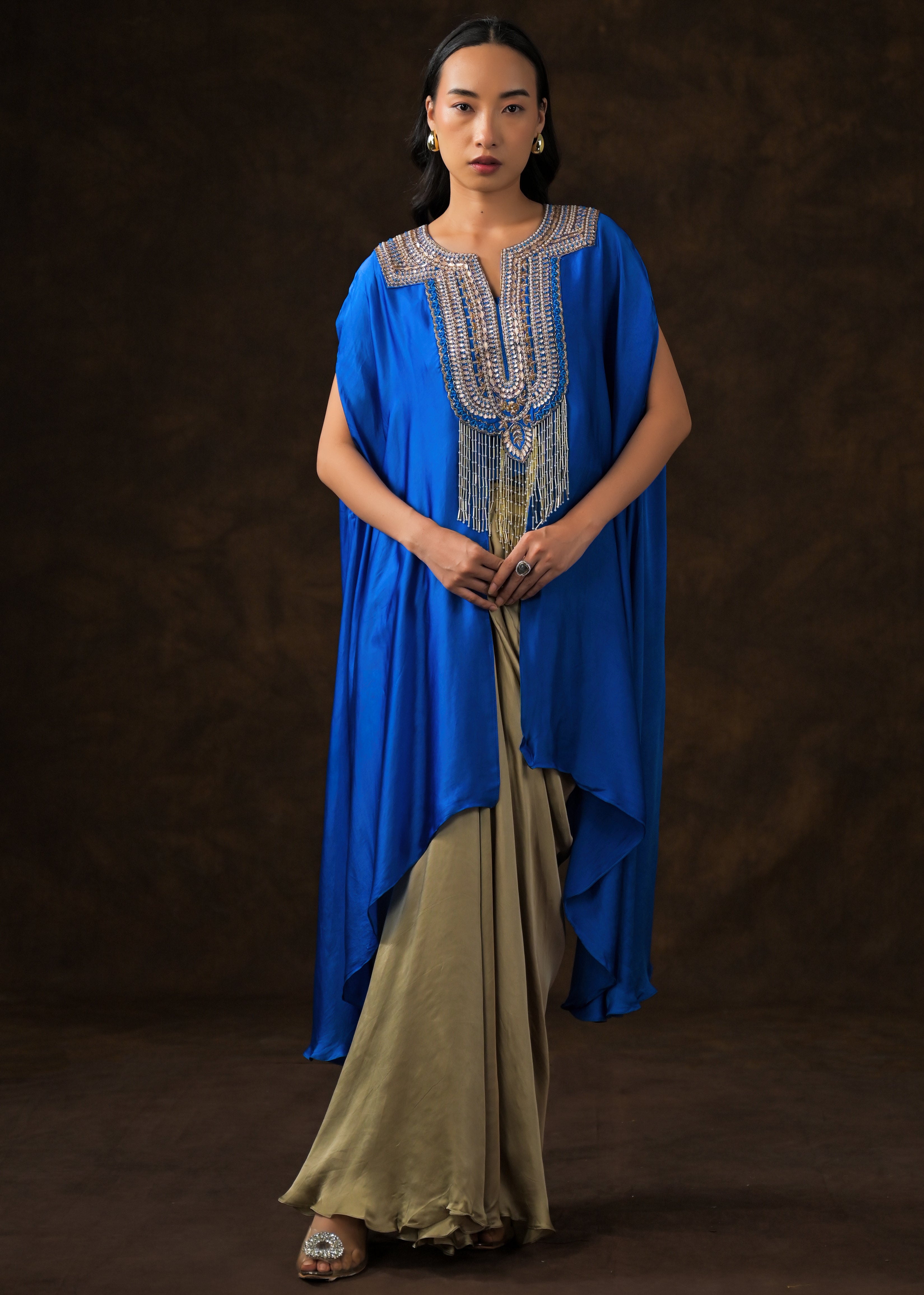 Royal Blue Embellished Satin Silk Drape Skirt Set