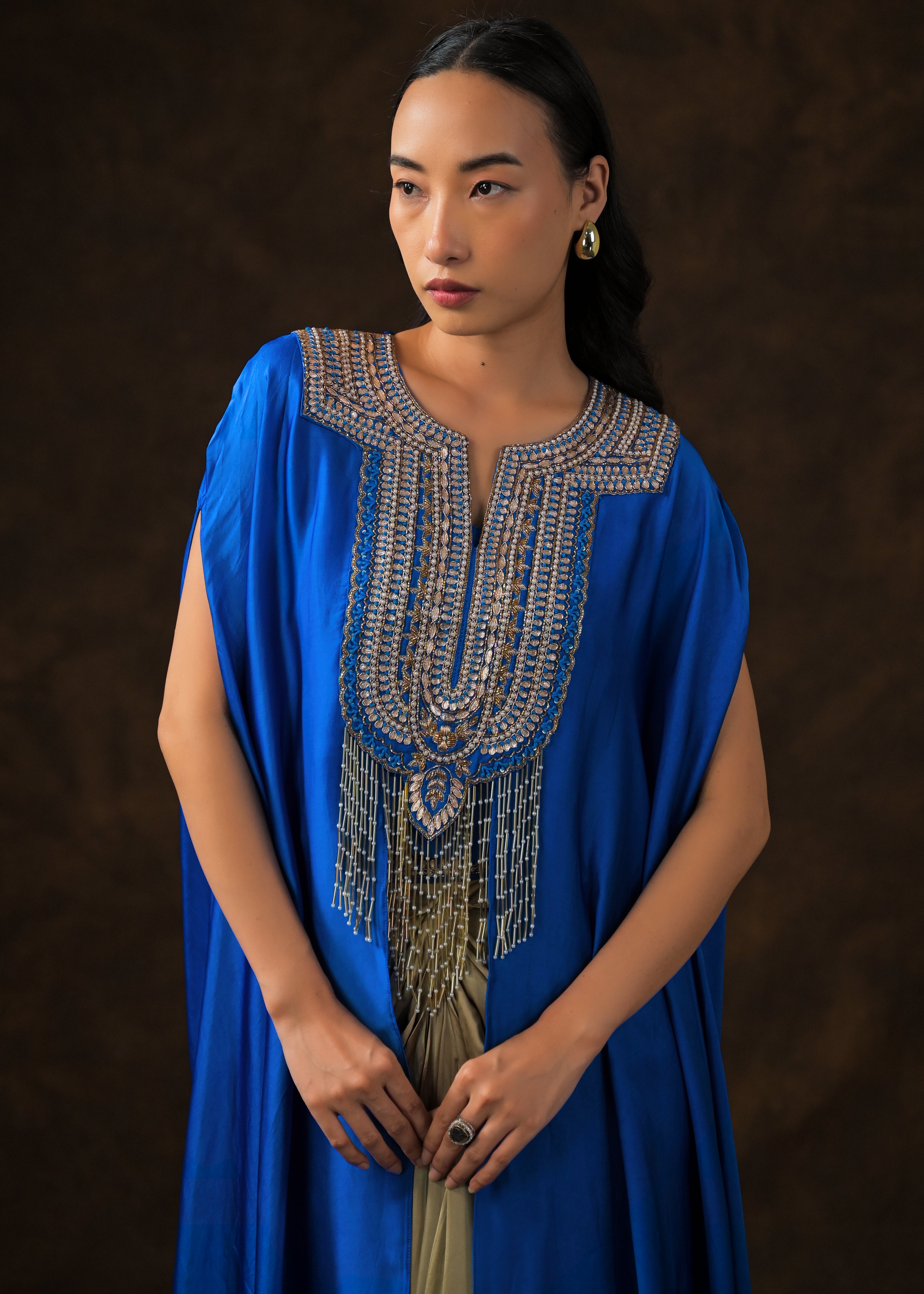 Royal Blue Embellished Satin Silk Drape Skirt Set
