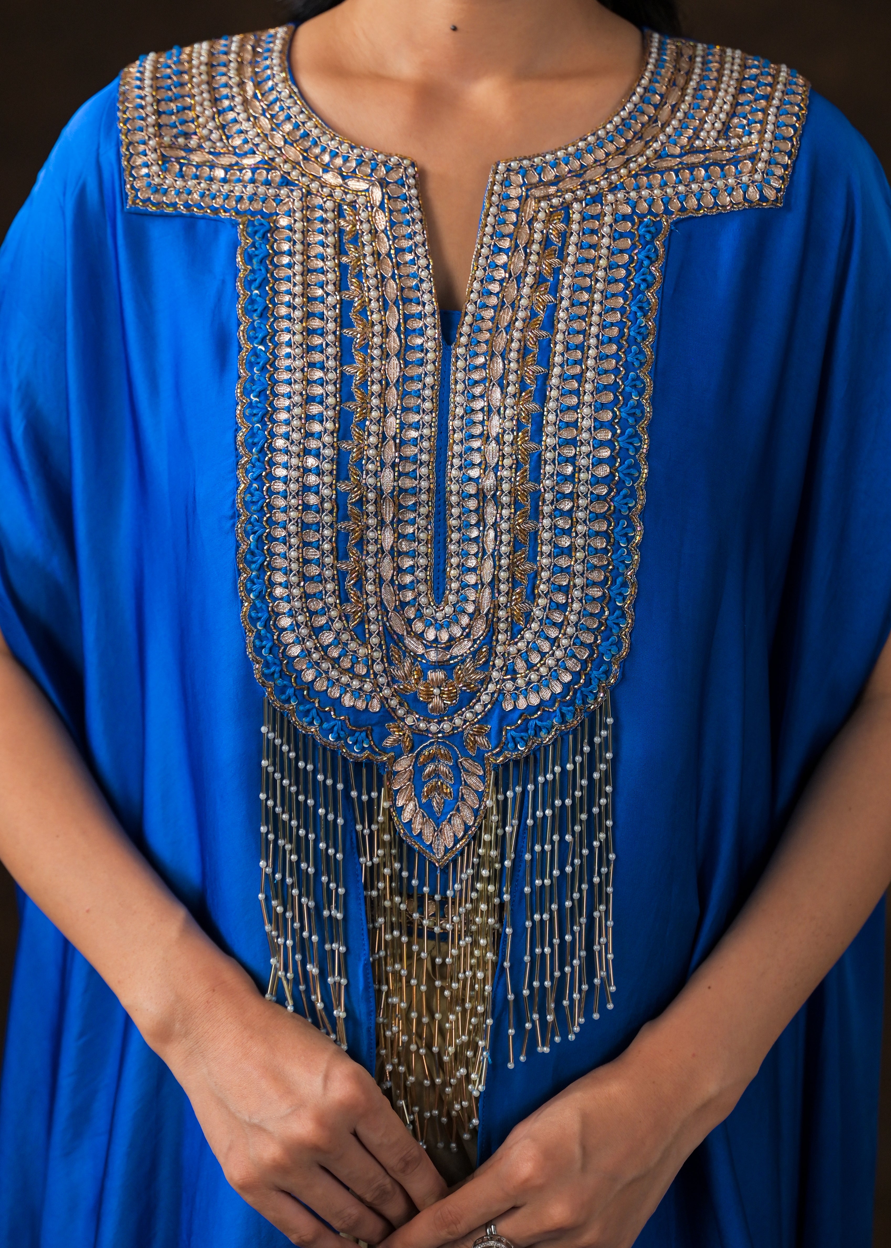 Royal Blue Embellished Satin Silk Drape Skirt Set