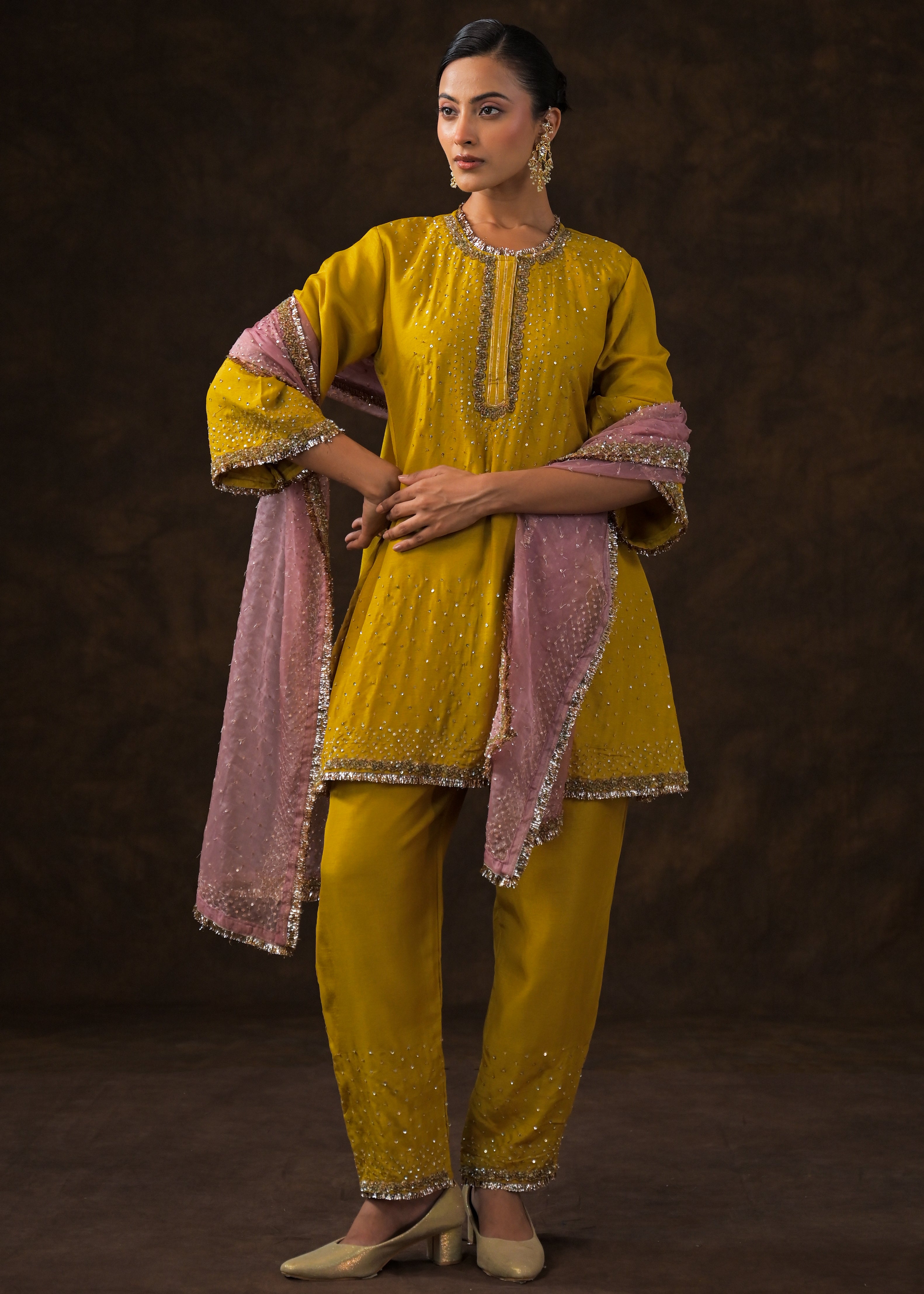 Mustard Yellow Embellished Raw Silk Pant Set