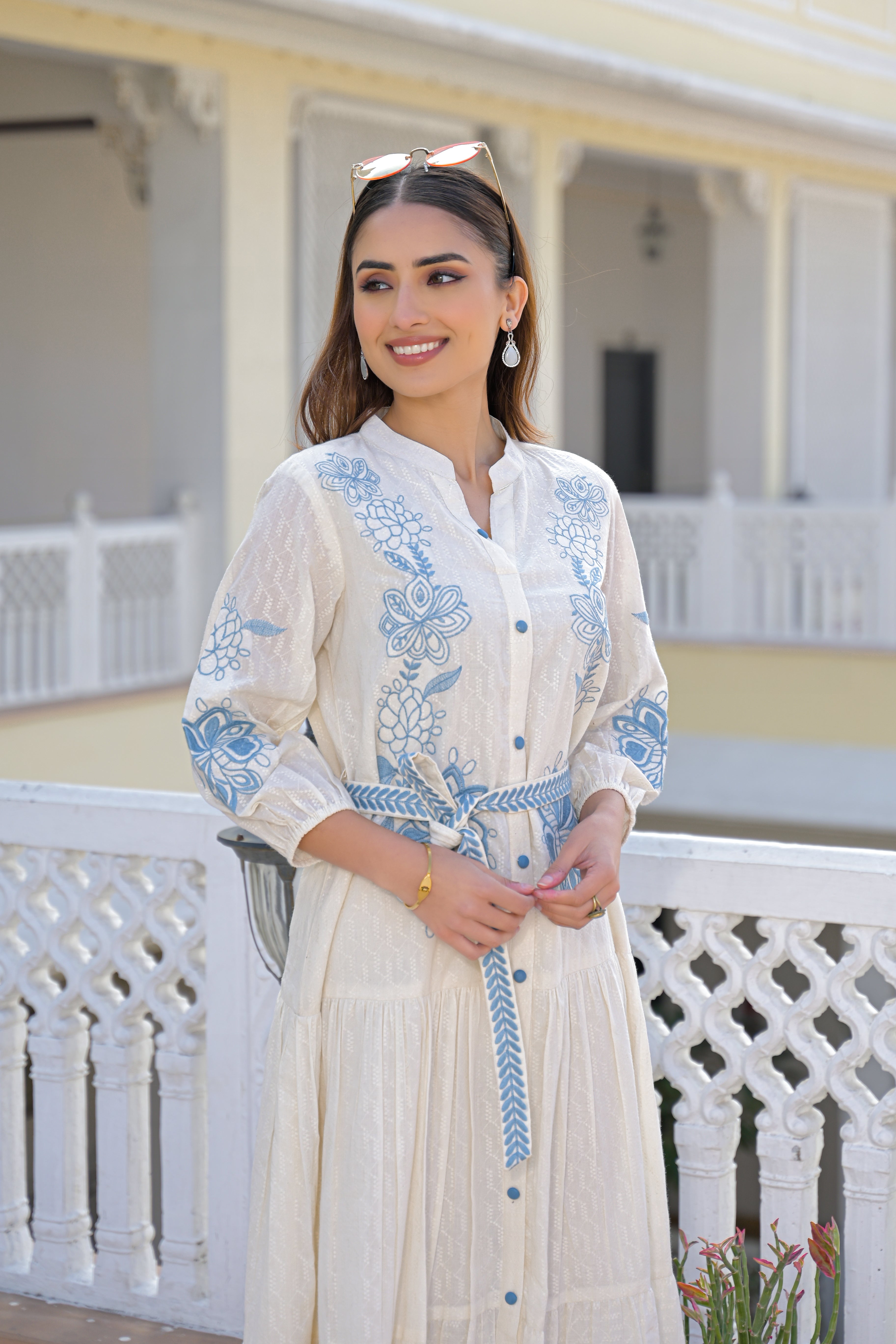 Blue Willow Embroidered Cotton Dress