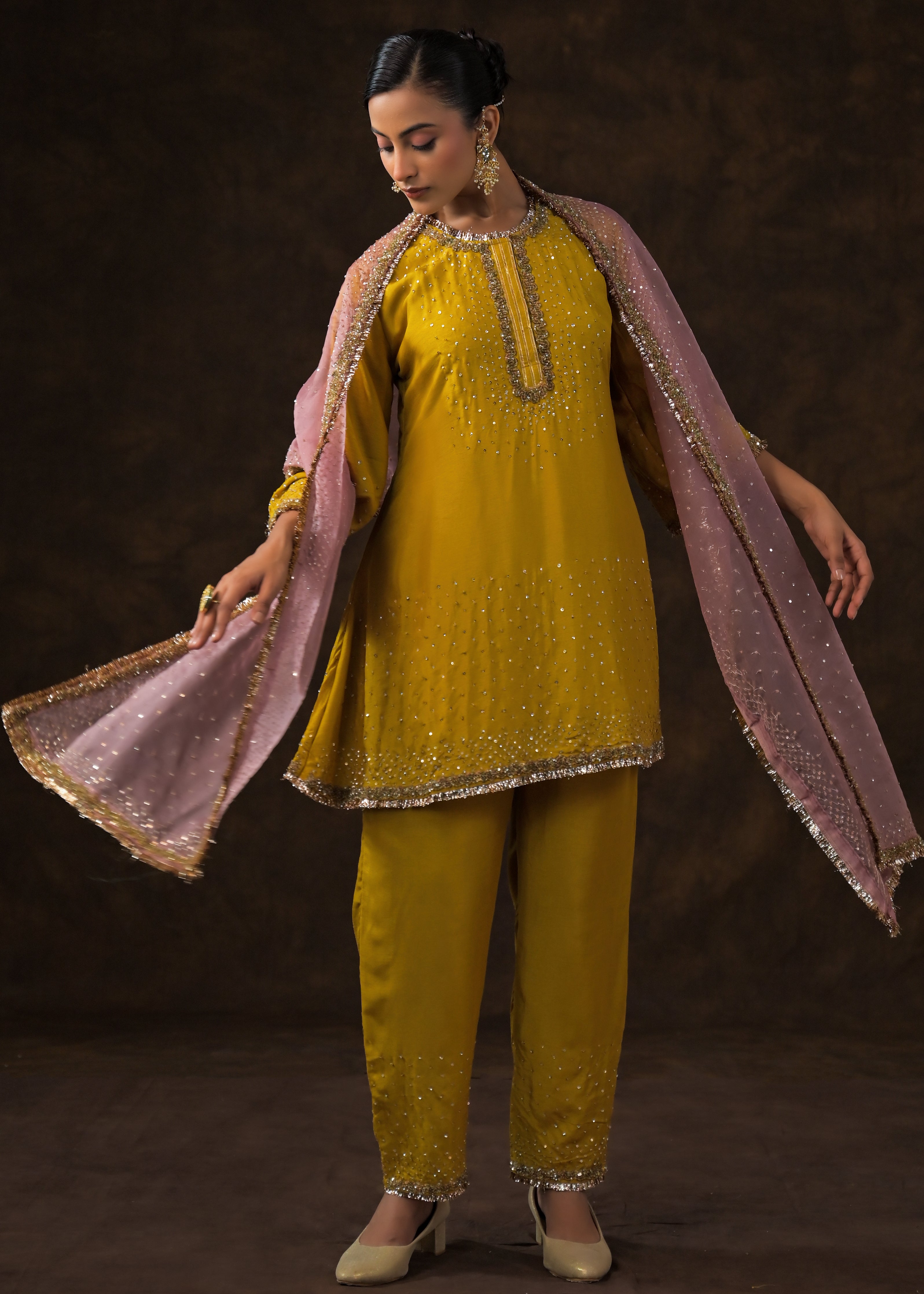 Mustard Yellow Embellished Raw Silk Pant Set