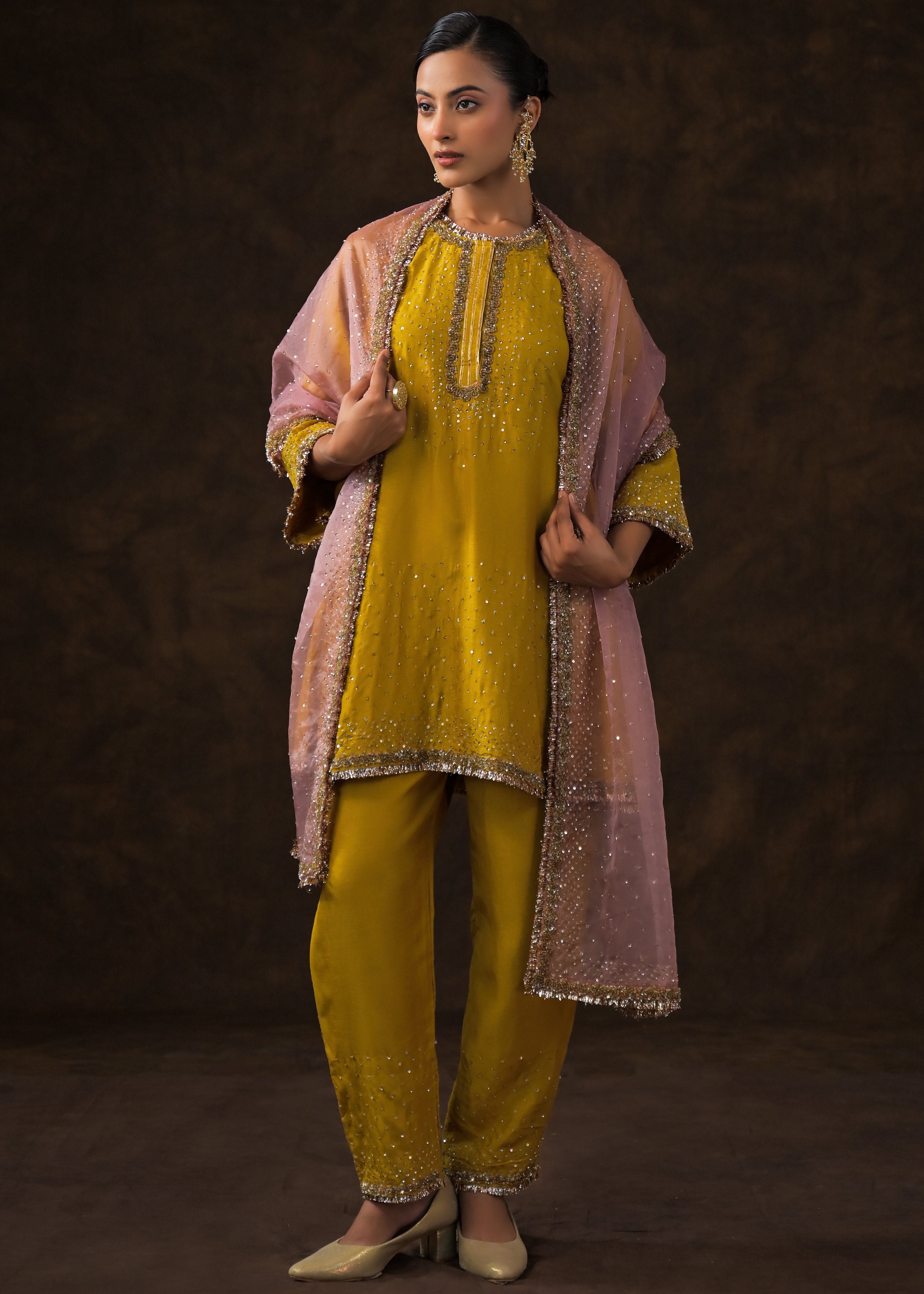 Mustard Yellow Embellished Raw Silk Pant Set