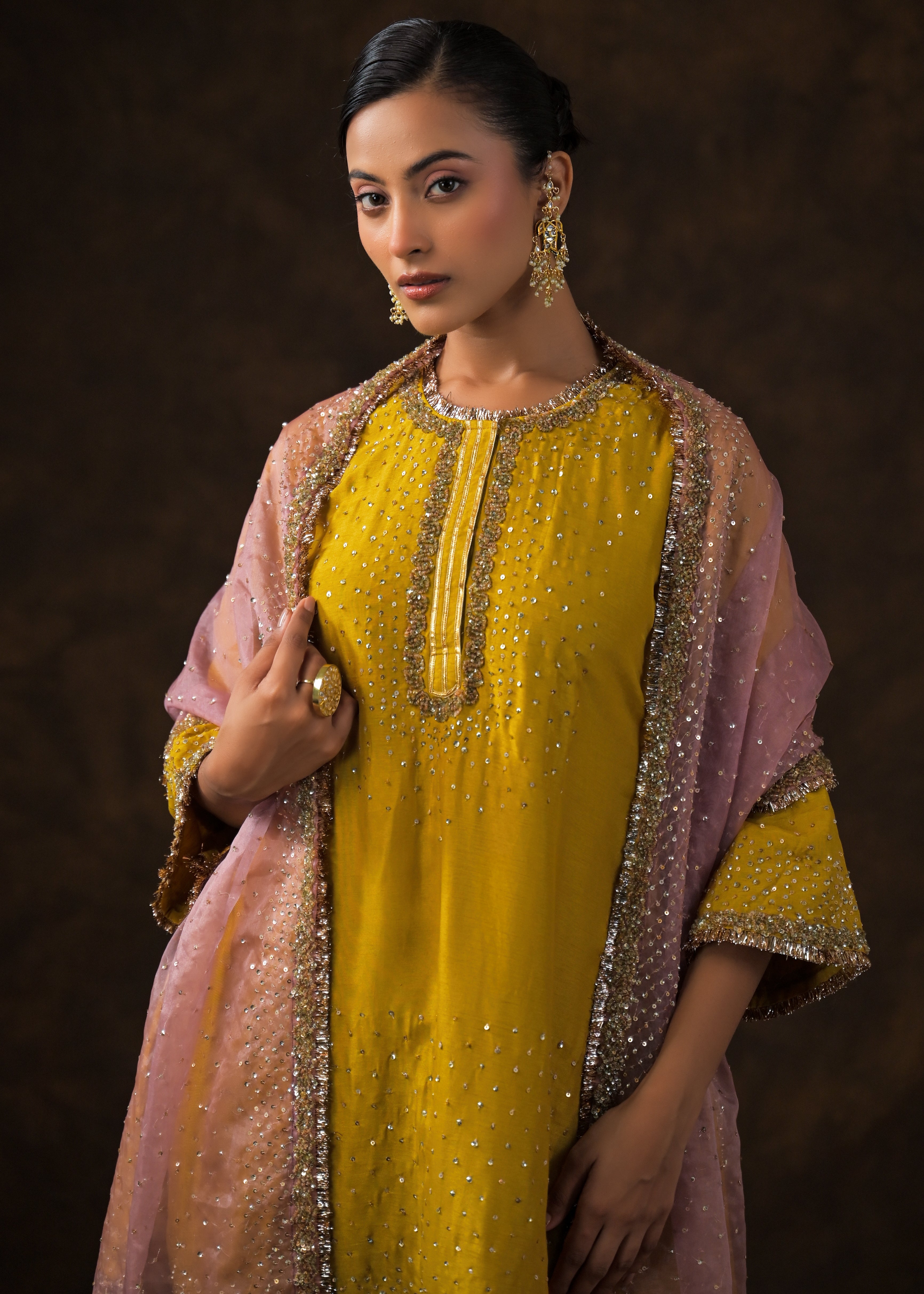 Mustard Yellow Embellished Raw Silk Pant Set