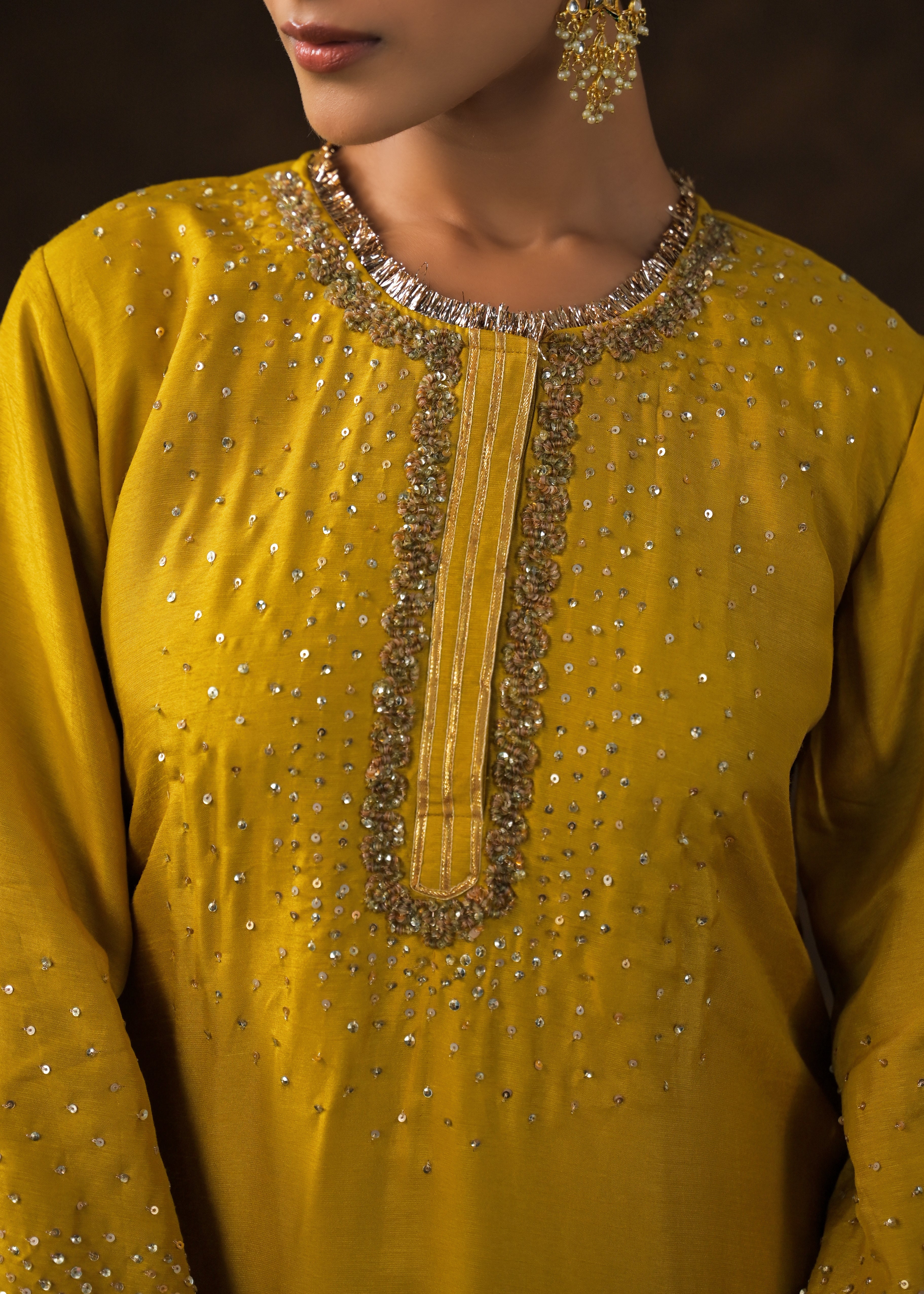 Mustard Yellow Embellished Raw Silk Pant Set